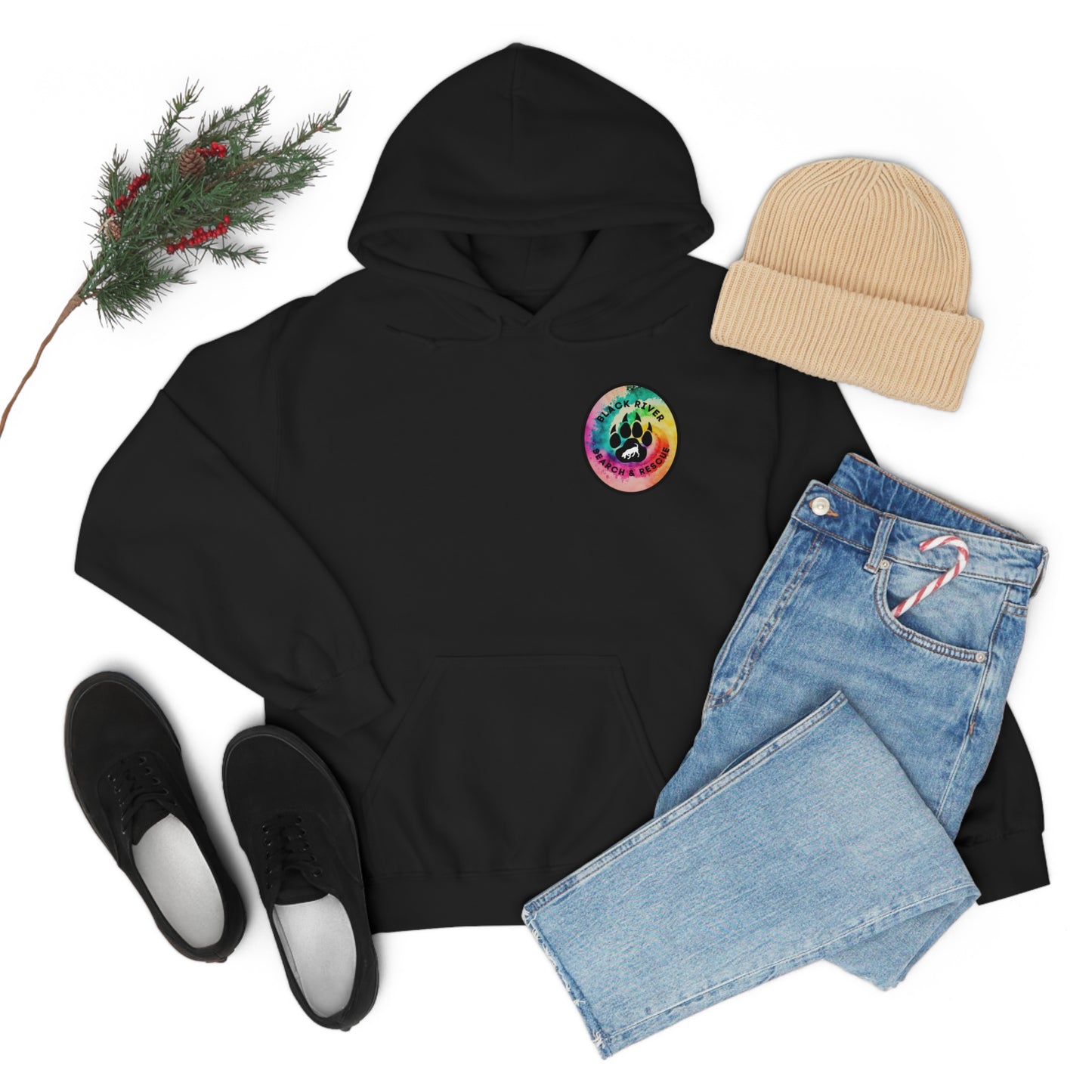 Tie Dye Black River Search & Rescue Logo with Lucy Unisex Heavy Blend™ Hooded Sweatshirt