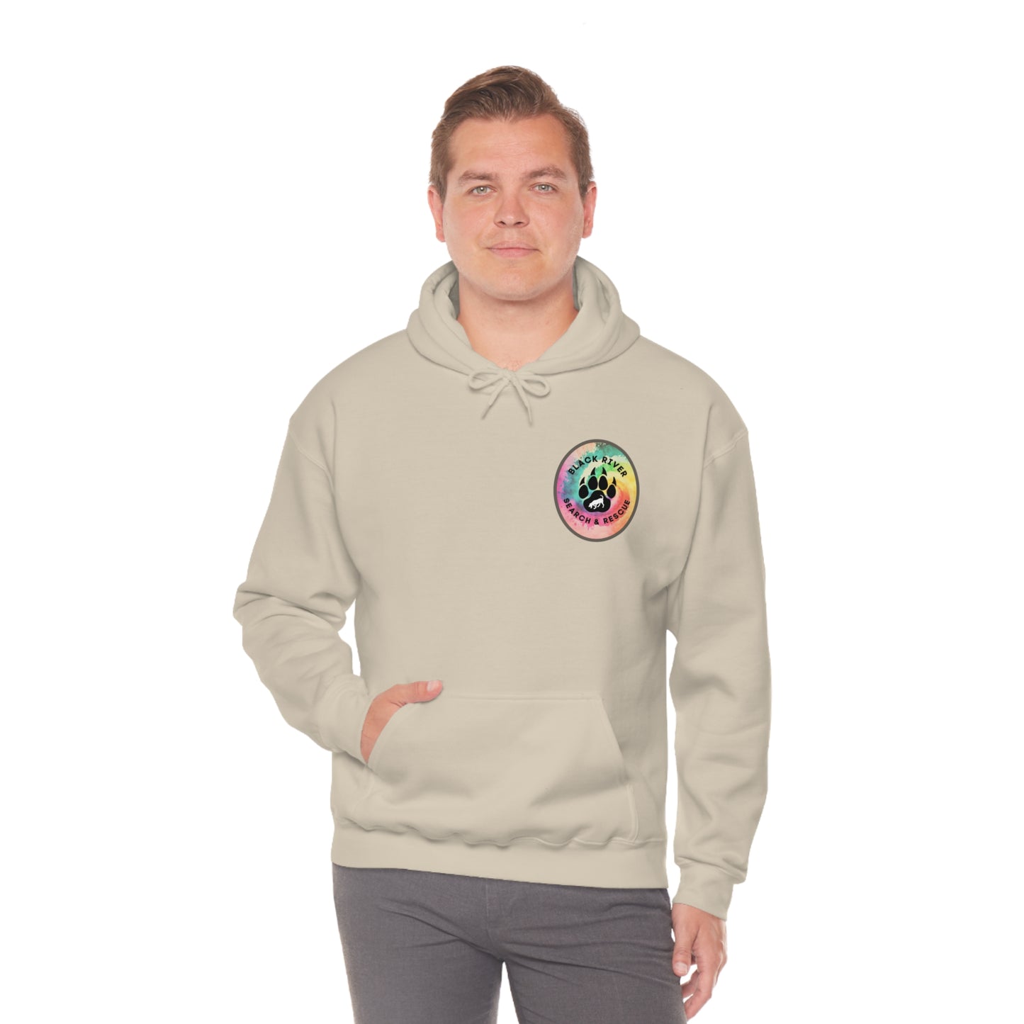 Tie Dye Black River Search & Rescue Logo with Lucy Unisex Heavy Blend™ Hooded Sweatshirt