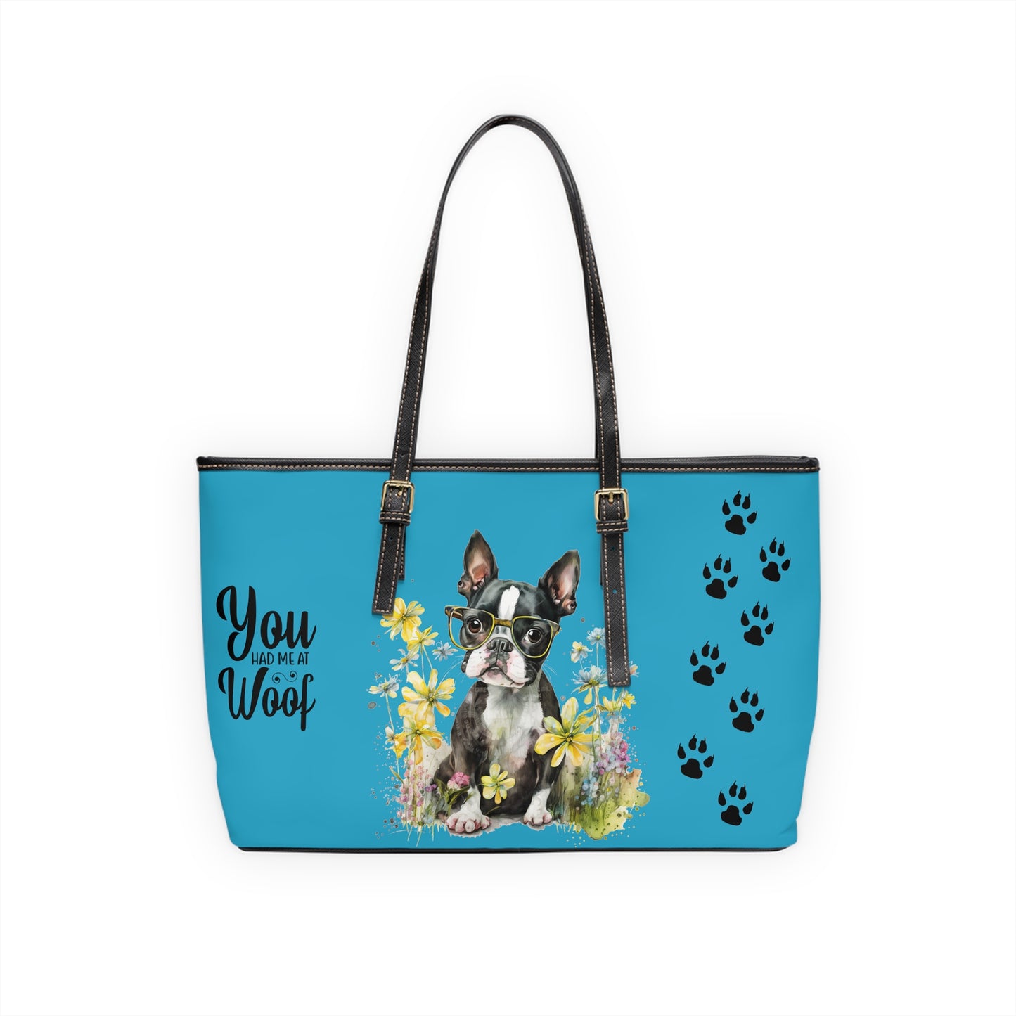 Boston Terrier Leather Shoulder Bag Turquoise Boston Puppy with glasses You had me at woof stay positive