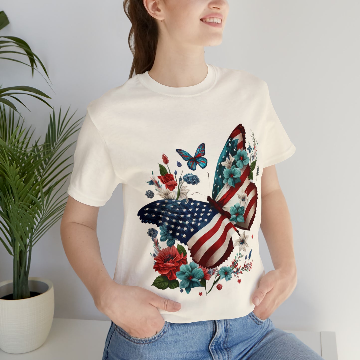 Unisex Jersey Short Sleeve Tee, American Flag, Butterfly, Patriotic