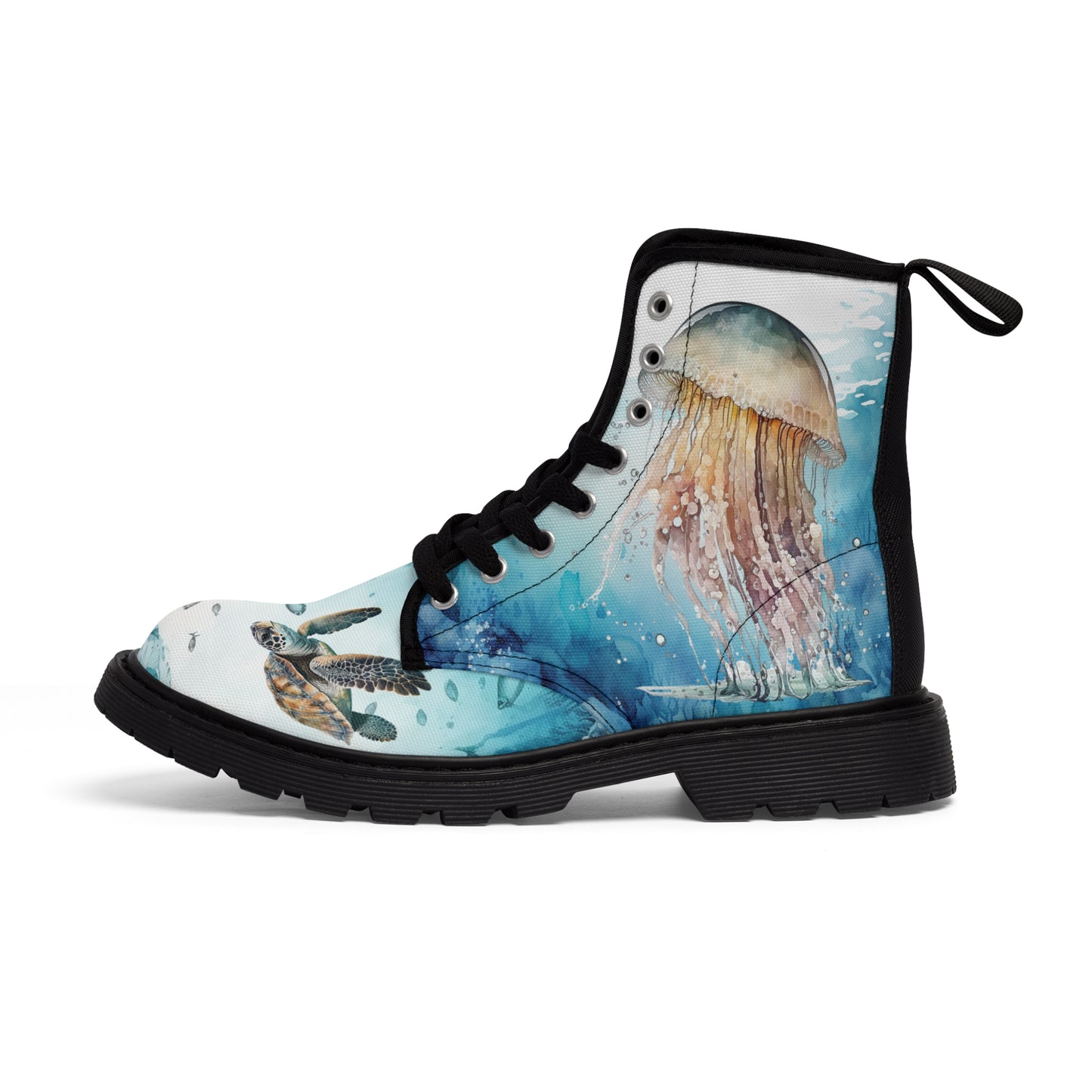 Women's Canvas Boots, Under the sea, seahorse, sea turtle, octopus