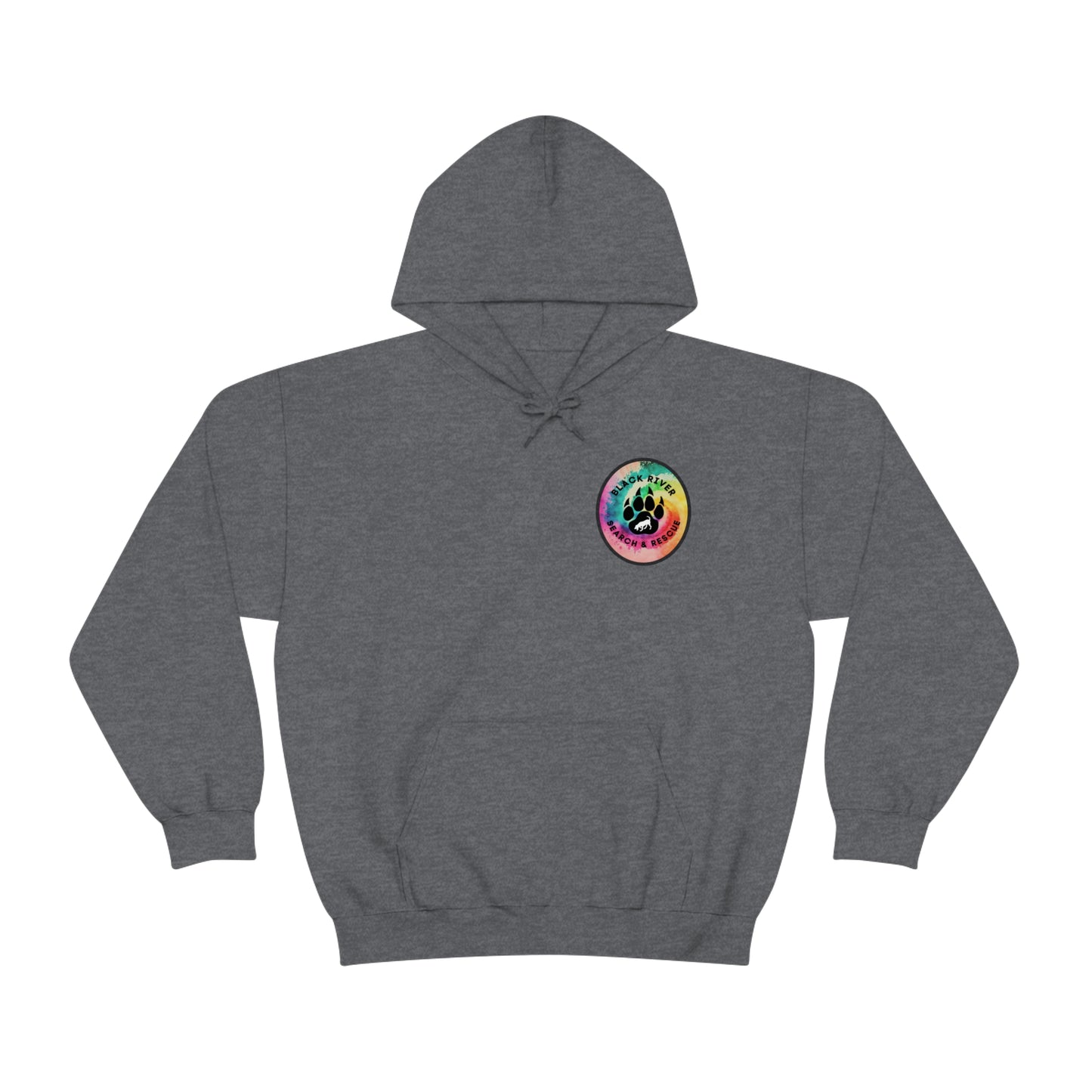 Tie Dye Black River Search & Rescue Logo with Lucy Unisex Heavy Blend™ Hooded Sweatshirt