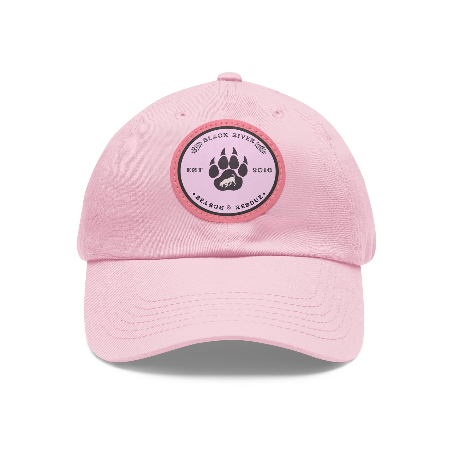 Copy of Unisex Hat with Leather Patch (Round), Black River Search & Rescue Logo, Pink patch