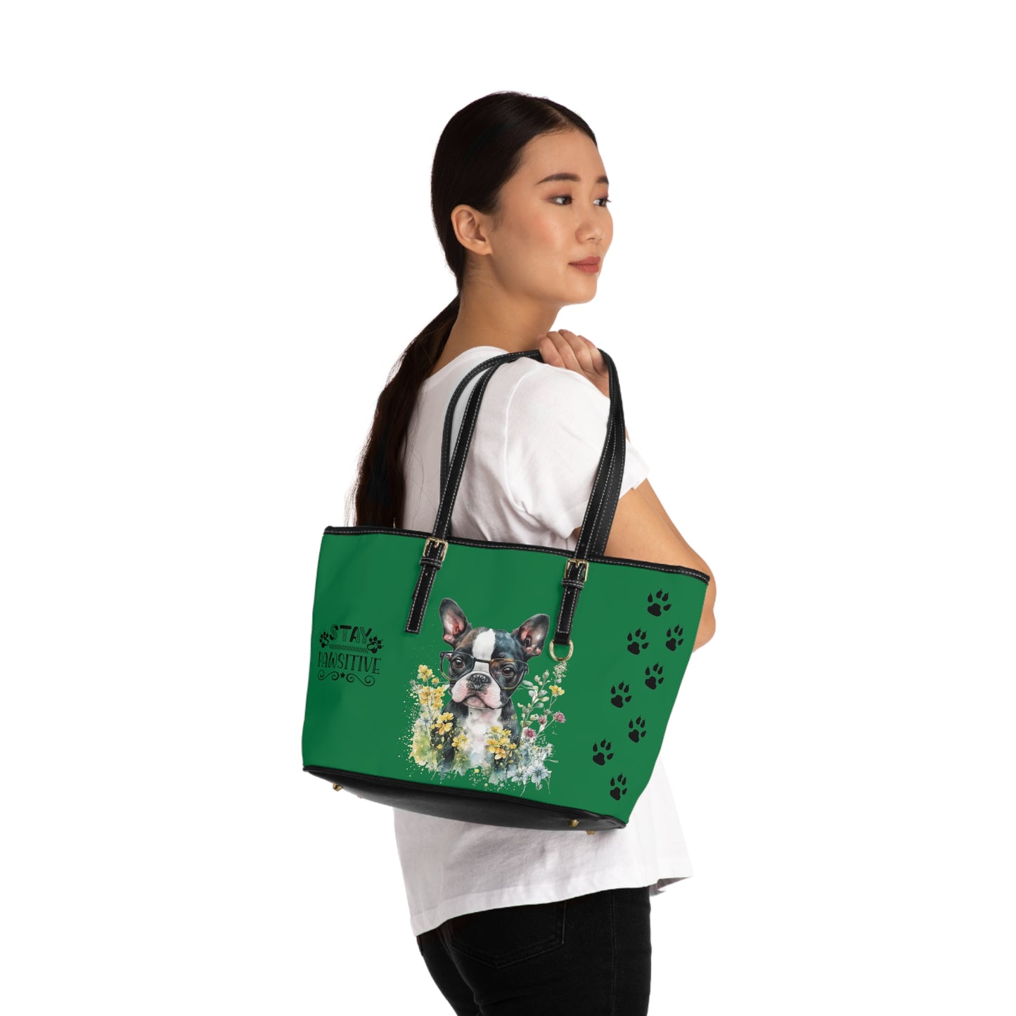 Boston Terrier Puppy Leather Shoulder Bag Green two Boston Terrier puppies You Had Me at Woof Stay Pawsitive