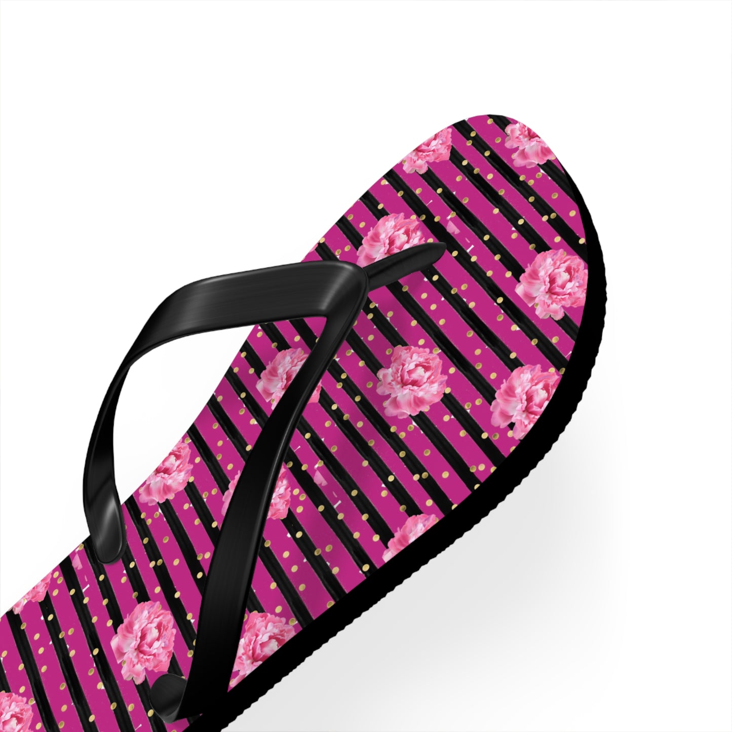 Bright Pink rose and black striped Flip Flops