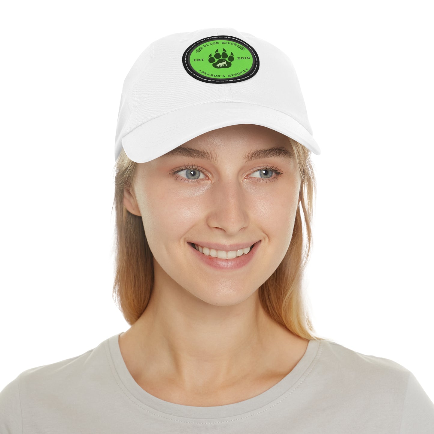 Unisex Hat with Leather Patch (Round), Black River Search & Rescue Logo, Lime Green patch