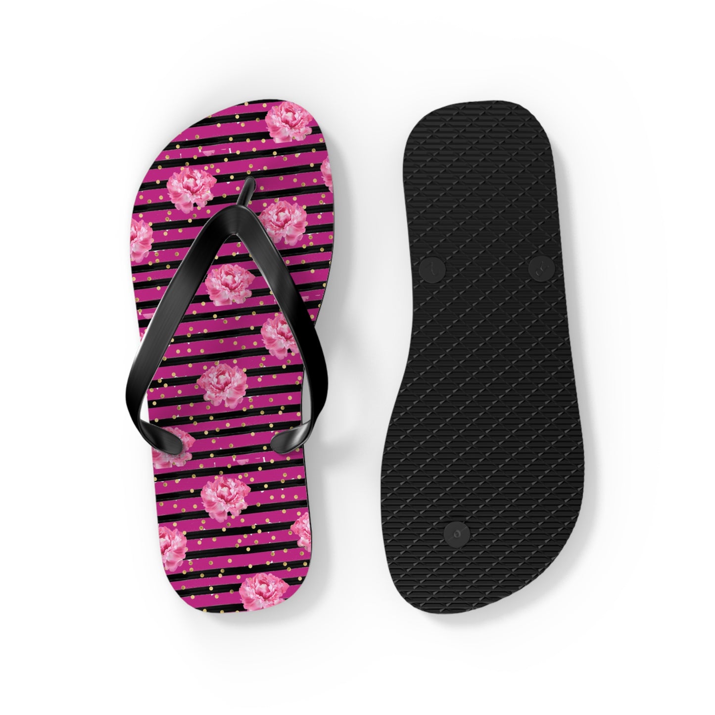 Bright Pink rose and black striped Flip Flops