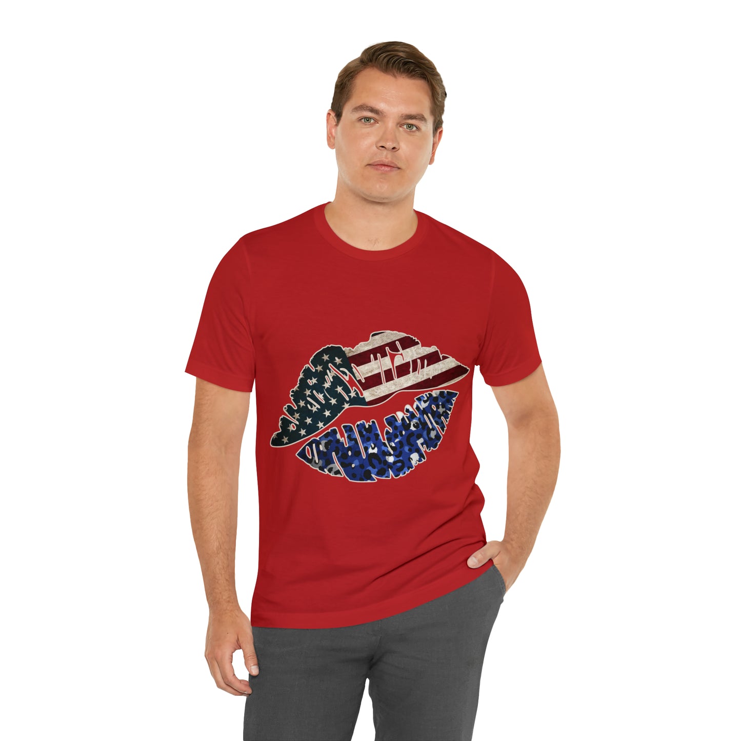 American Flag Lips 4th of July Unisex Jersey Short Sleeve Tee Patriotic Retro