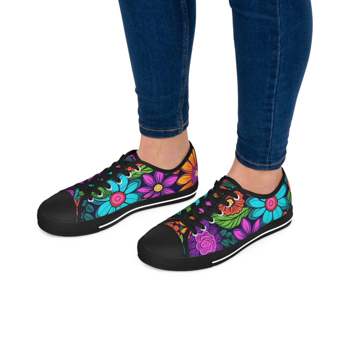 Women's Low Top Sneakers, Retro Flowers, Purple, Aqua, Multi-color floral