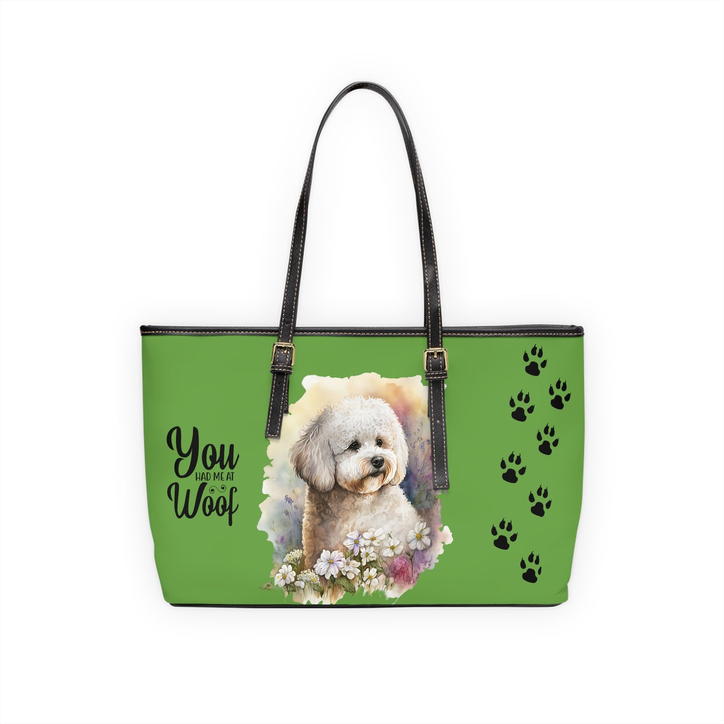 Bichon Frise Leather Shoulder Bag Lime Green two Bichon pictures You Had Me at Woof Stay Pawsitive