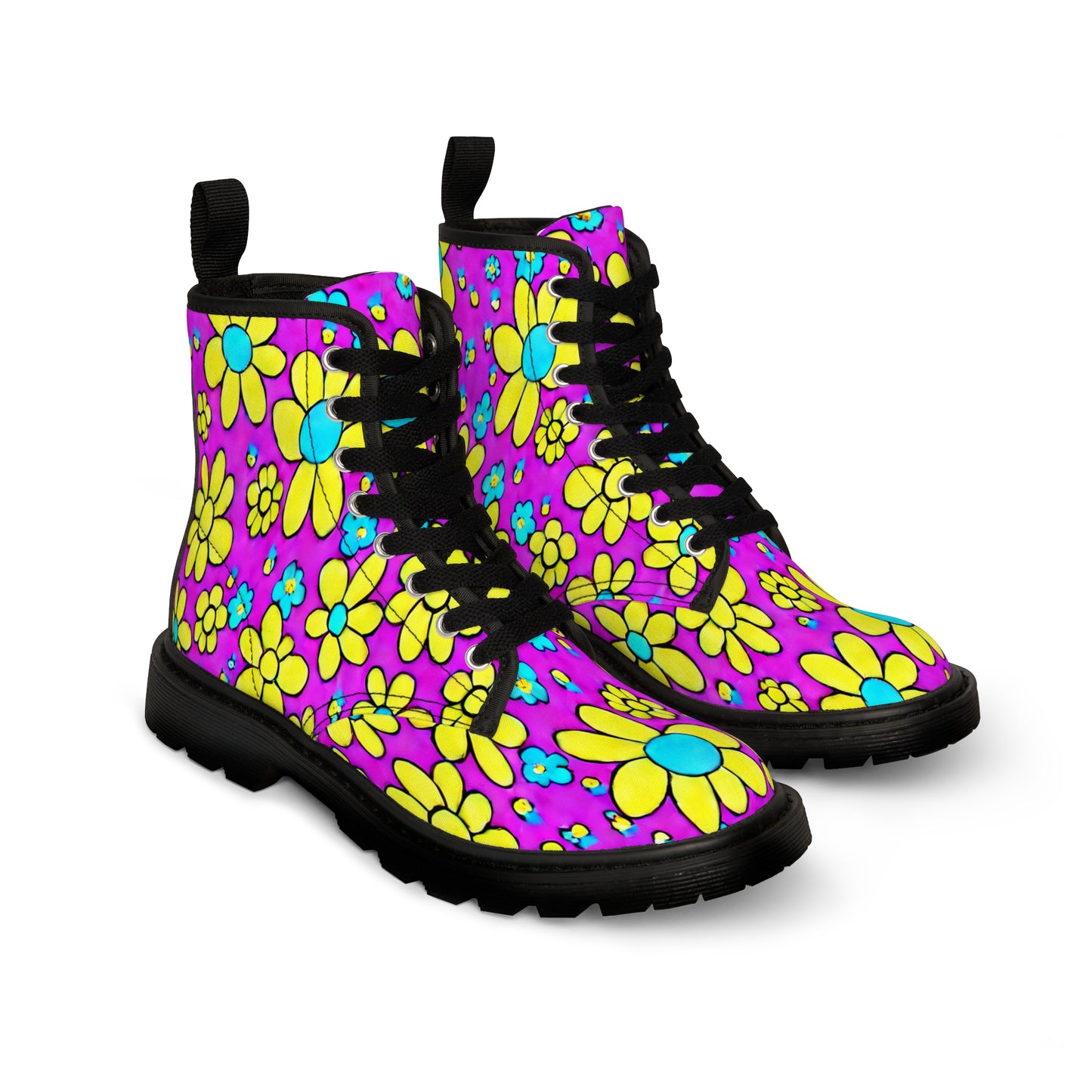 Women's Canvas Boots, Daisies, Purple, Yellow,, Retro, Flowers