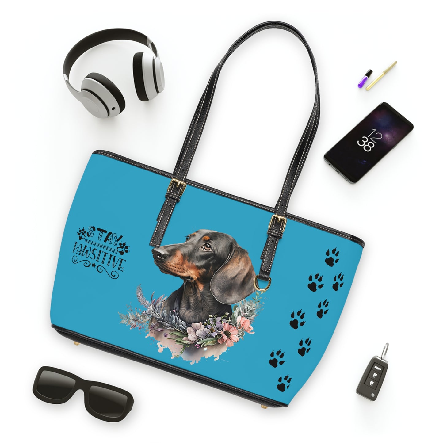 Turquoise Dachshund Leather Shoulder Bag You Had Me at Woof Stay Pawsitive