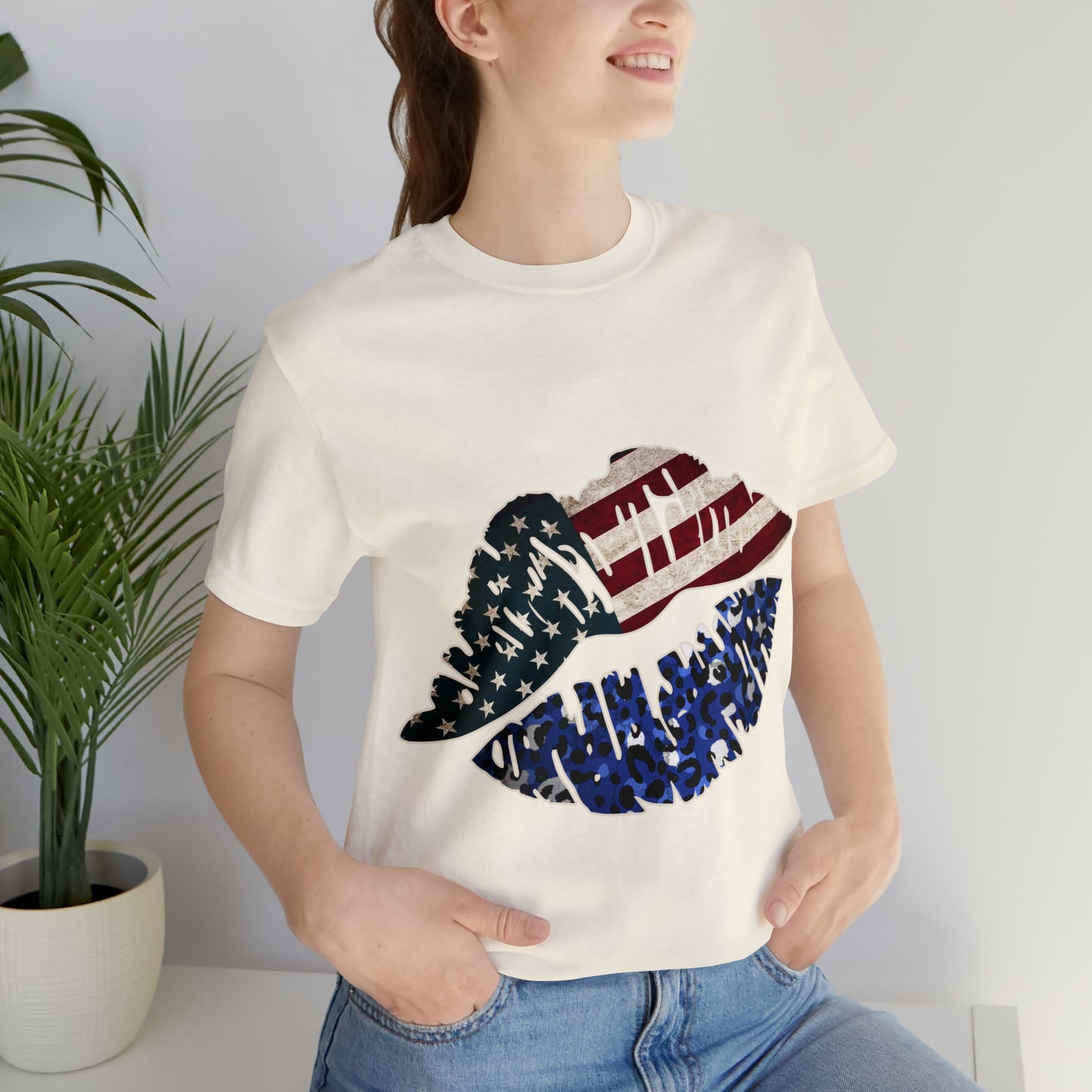 American Flag Lips 4th of July Unisex Jersey Short Sleeve Tee Patriotic Retro