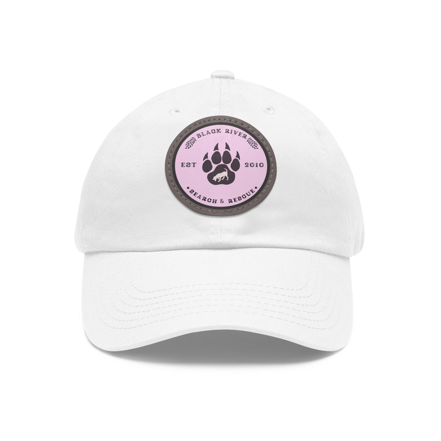 Copy of Unisex Hat with Leather Patch (Round), Black River Search & Rescue Logo, Pink patch