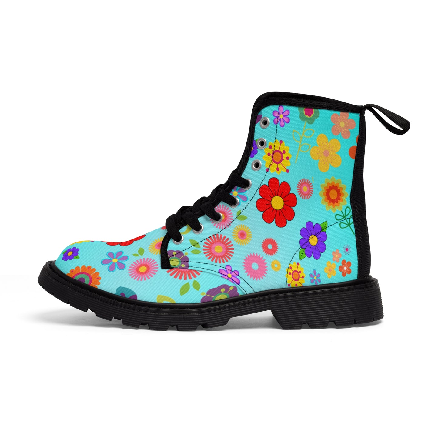 Women's Canvas Boots, Retro, Multi-color, Aqua, Flowers, Multi-Color, Blue