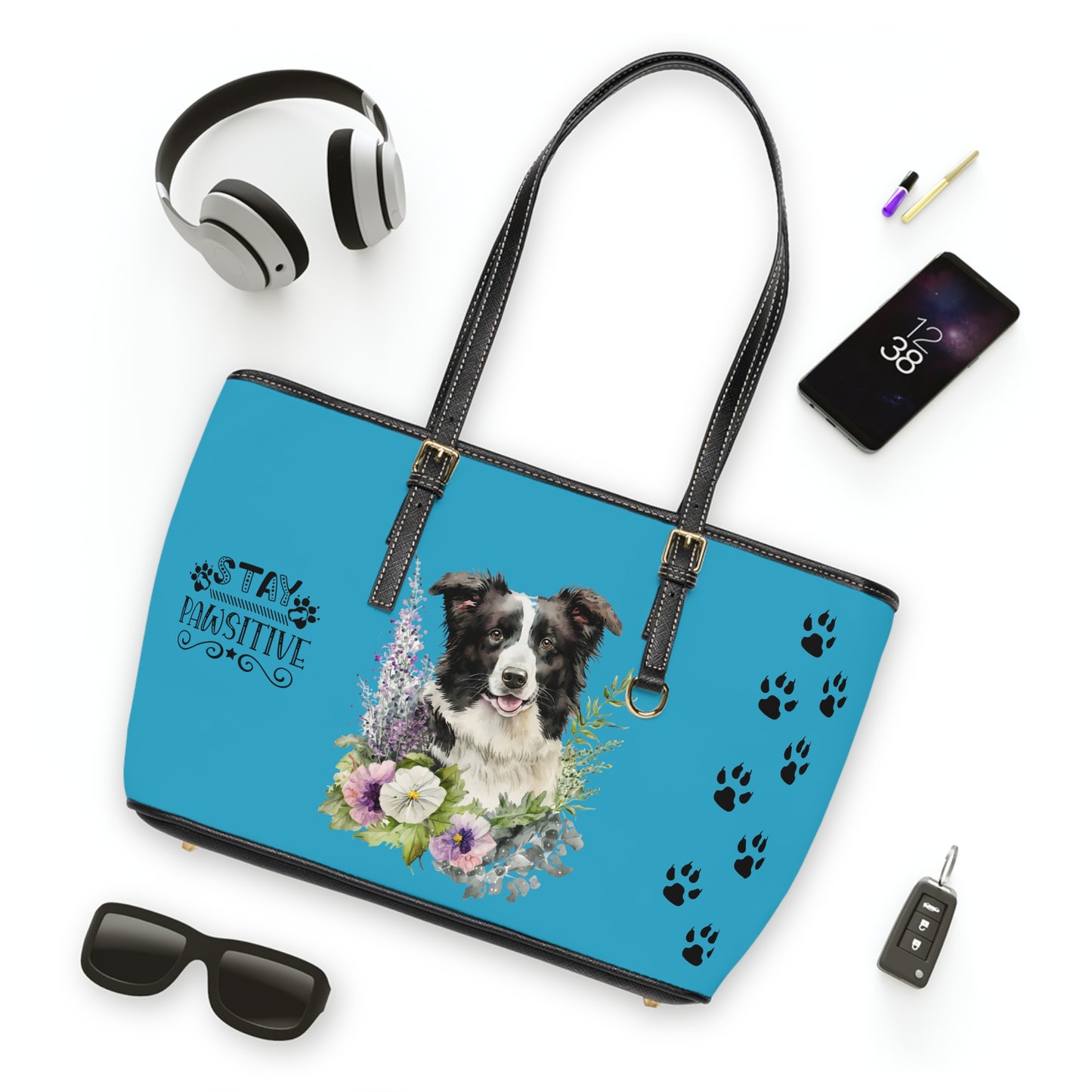 Turquoise Border Collie Leather Shoulder Bag You Had Me at Woof Stay Pawsitive