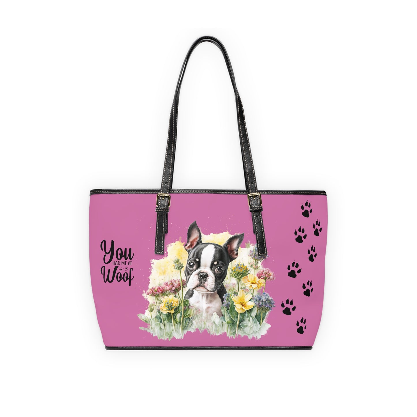 Boston Terrier Puppy Leather Shoulder Pink Bag two Boston Terrier puppies You Had Me at Woof Stay Pawsitive