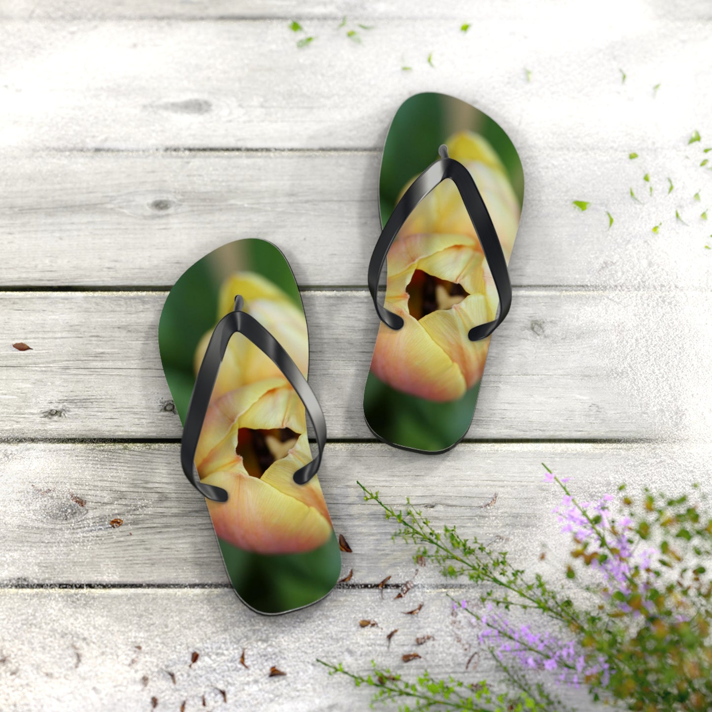 Flip Flops, tulips, peach, yellow, flowers