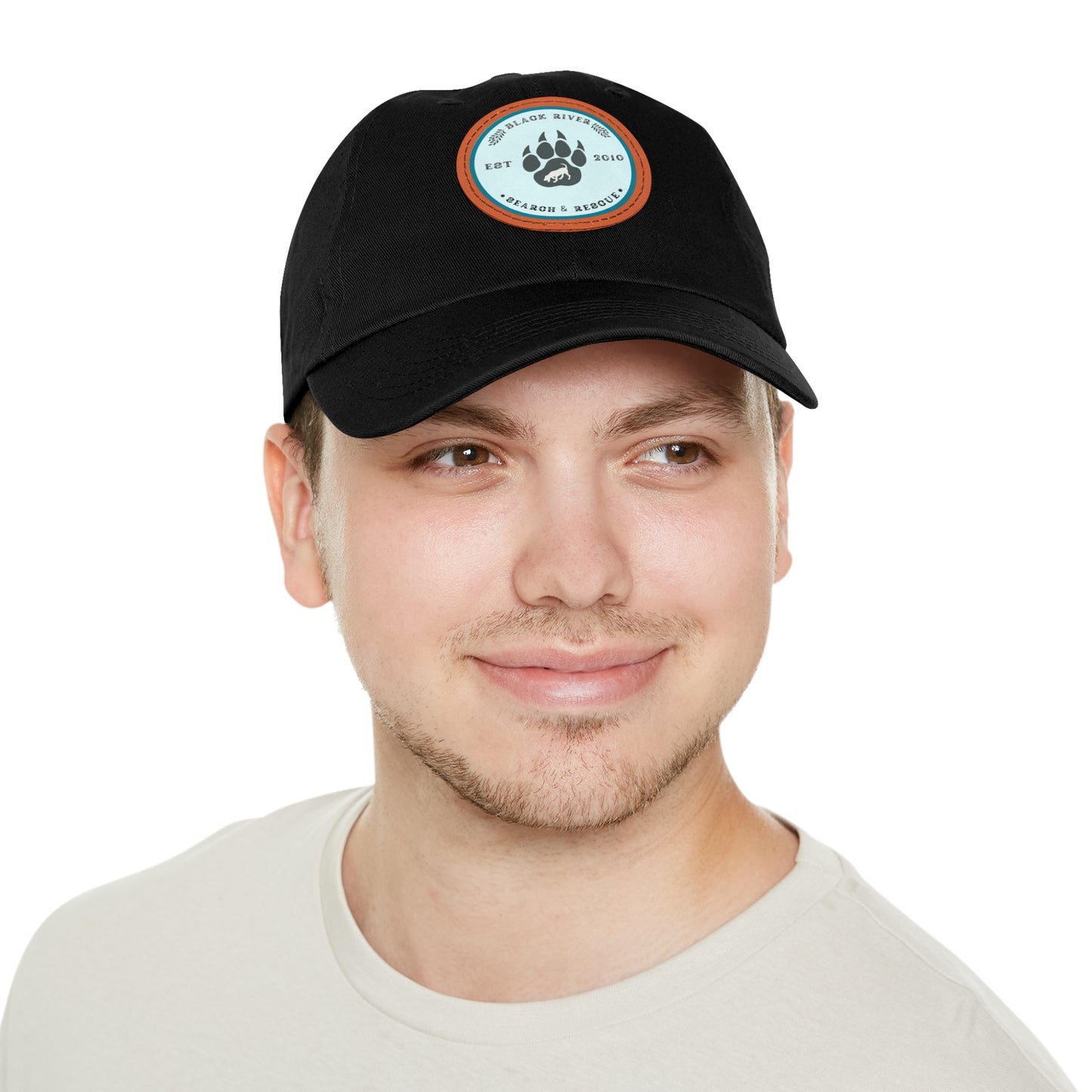 Unisex Hat with Leather Patch (Round), Black River Search & Rescue Logo, Turquoise patch