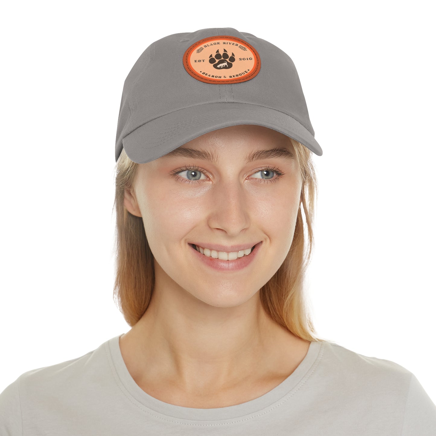 Copy of Unisex Hat with Leather Patch (Round), Black River Search & Rescue Logo, Orange patch