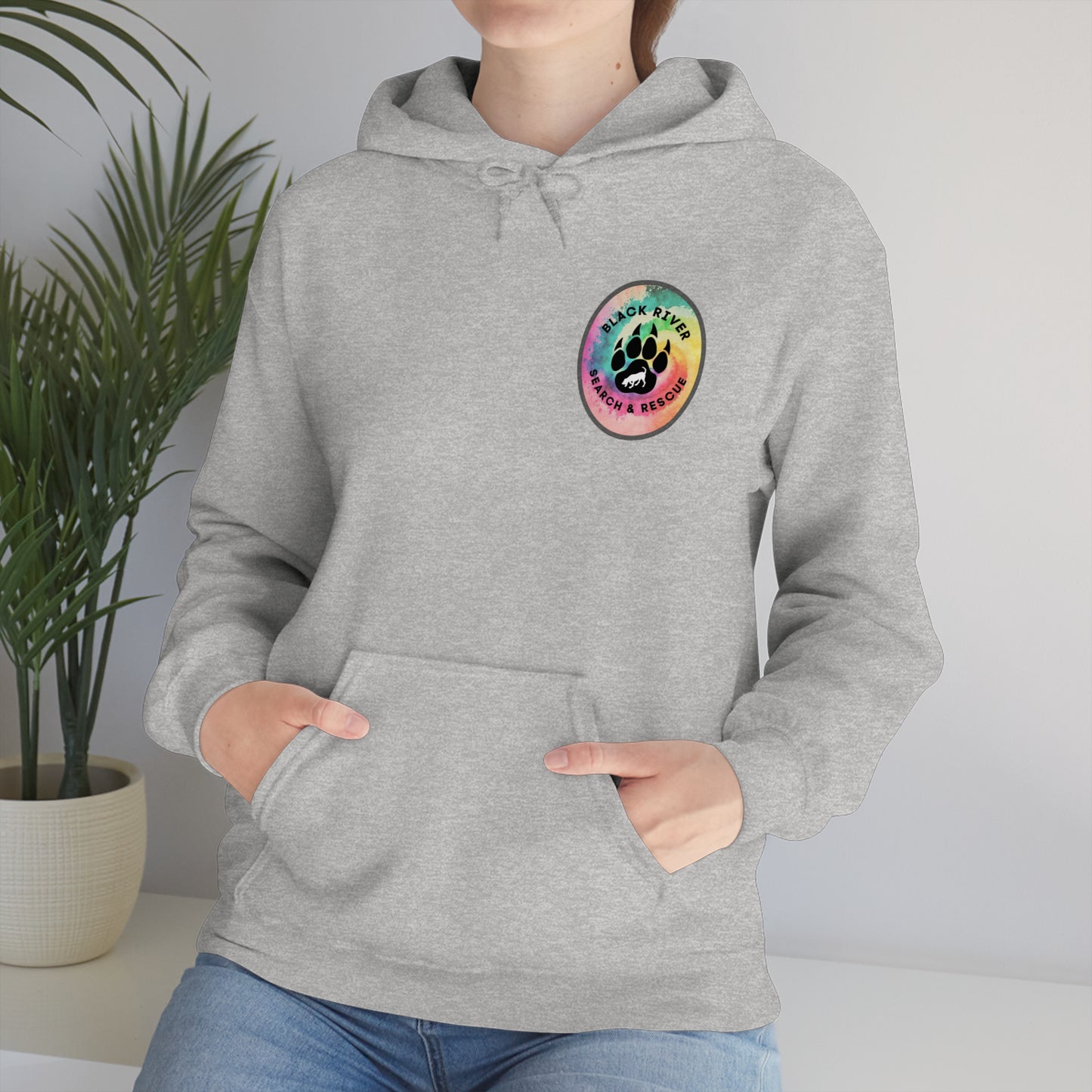 Tie Dye Black River Search & Rescue Logo with Lucy Unisex Heavy Blend™ Hooded Sweatshirt