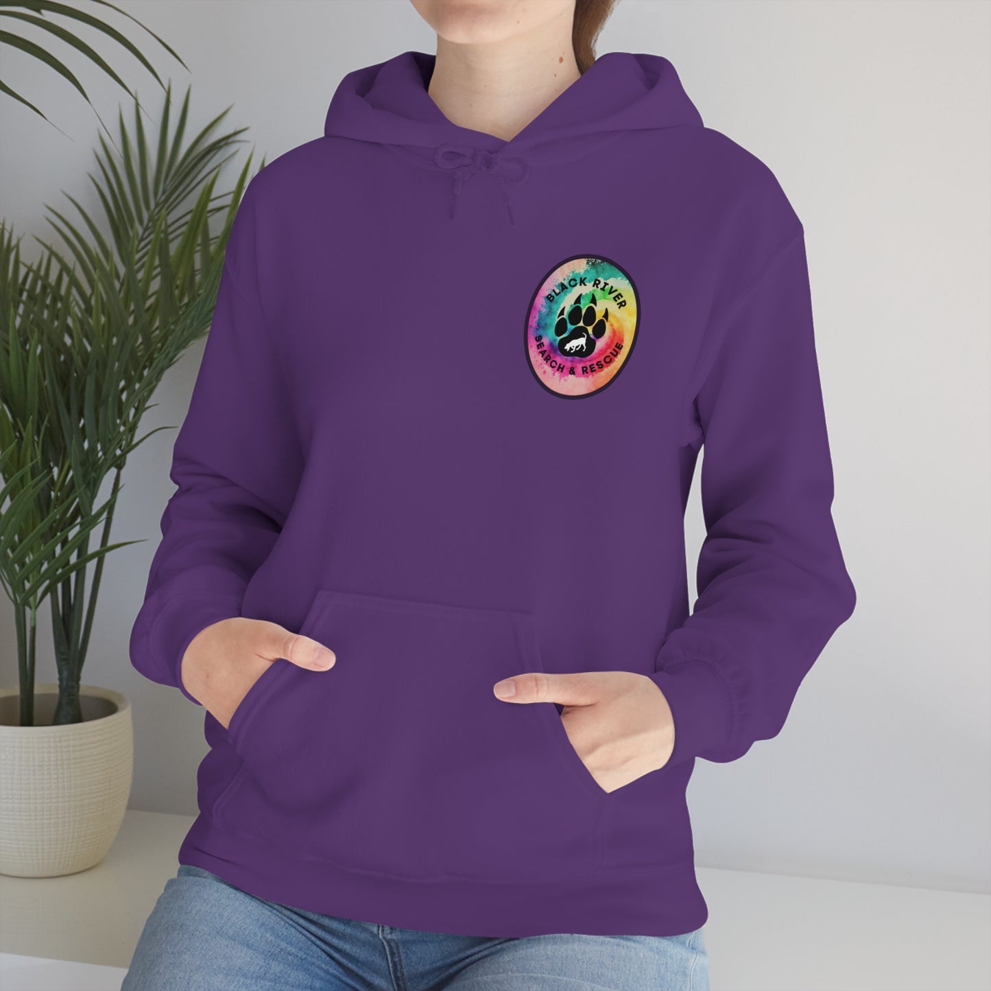 Tie Dye Black River Search & Rescue Logo with Lucy Unisex Heavy Blend™ Hooded Sweatshirt