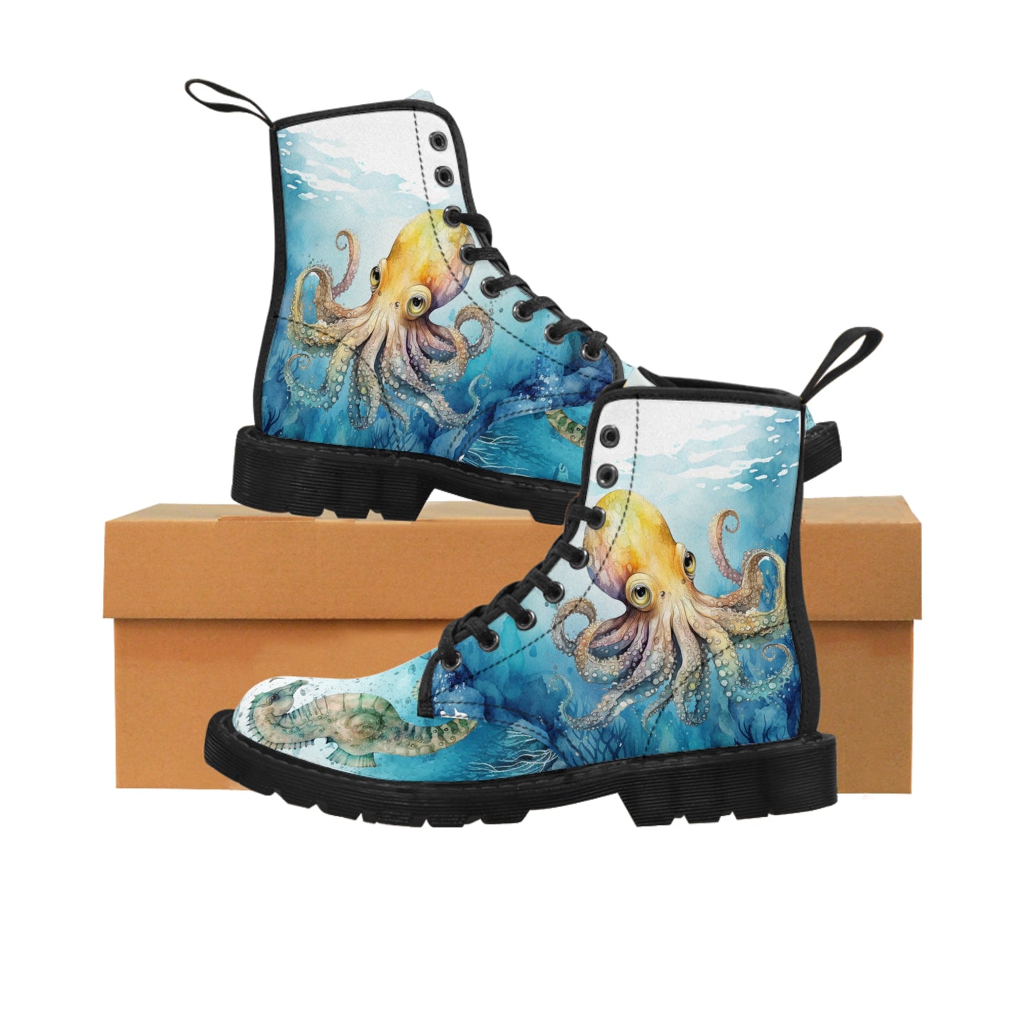 Women's Canvas Boots, Under the sea, seahorse, sea turtle, octopus