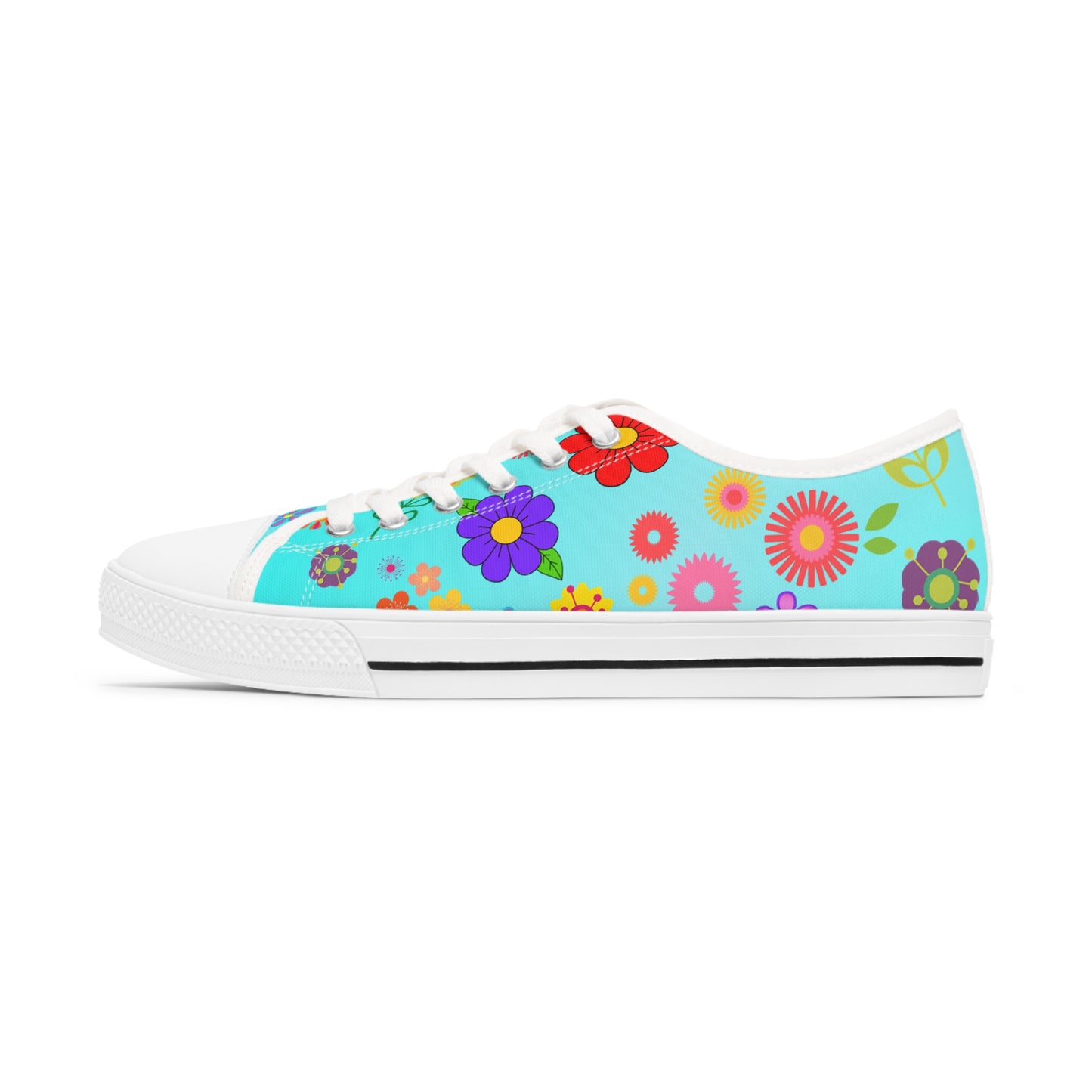 Women's Low Top Sneakers, Retro Flowers, Aqua, Multi-color flowers