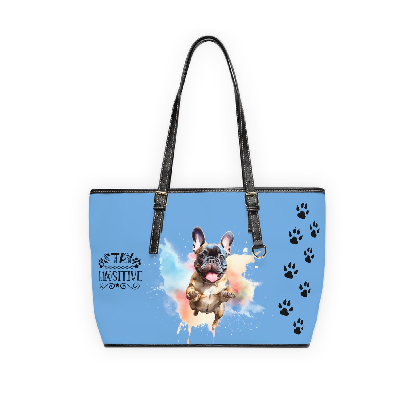 French Bulldog Leather Shoulder Bag Light Blue two Frenchie pictures You Had Me at Woof Stay Pawsitive