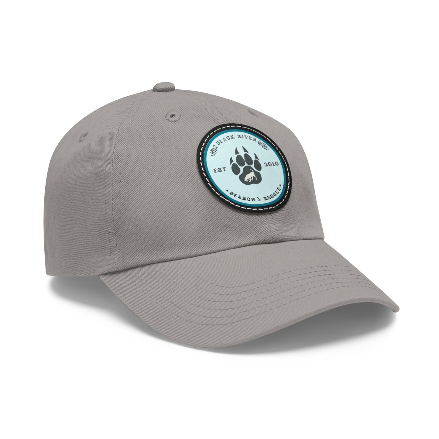 Unisex Hat with Leather Patch (Round), Black River Search & Rescue Logo, Turquoise patch