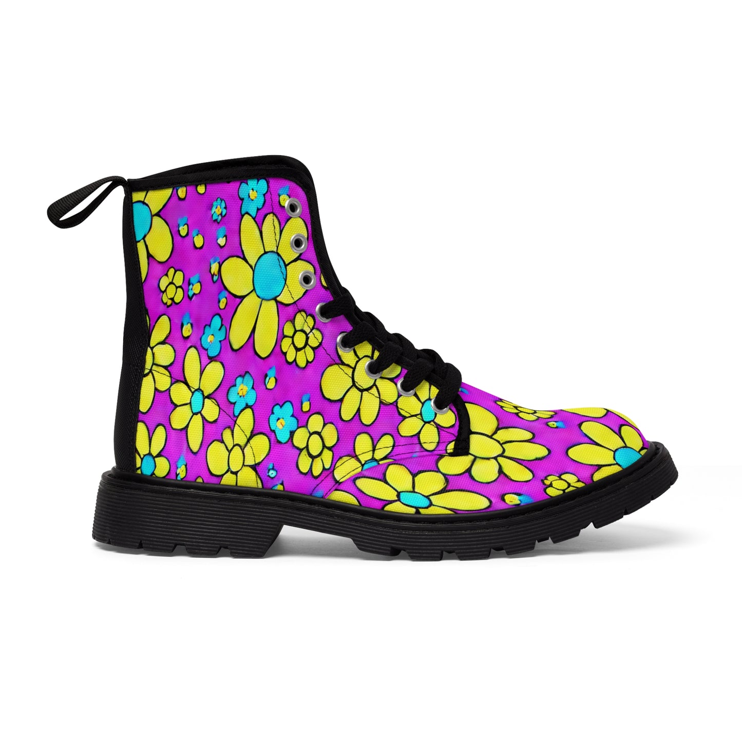 Women's Canvas Boots, Daisies, Purple, Yellow,, Retro, Flowers