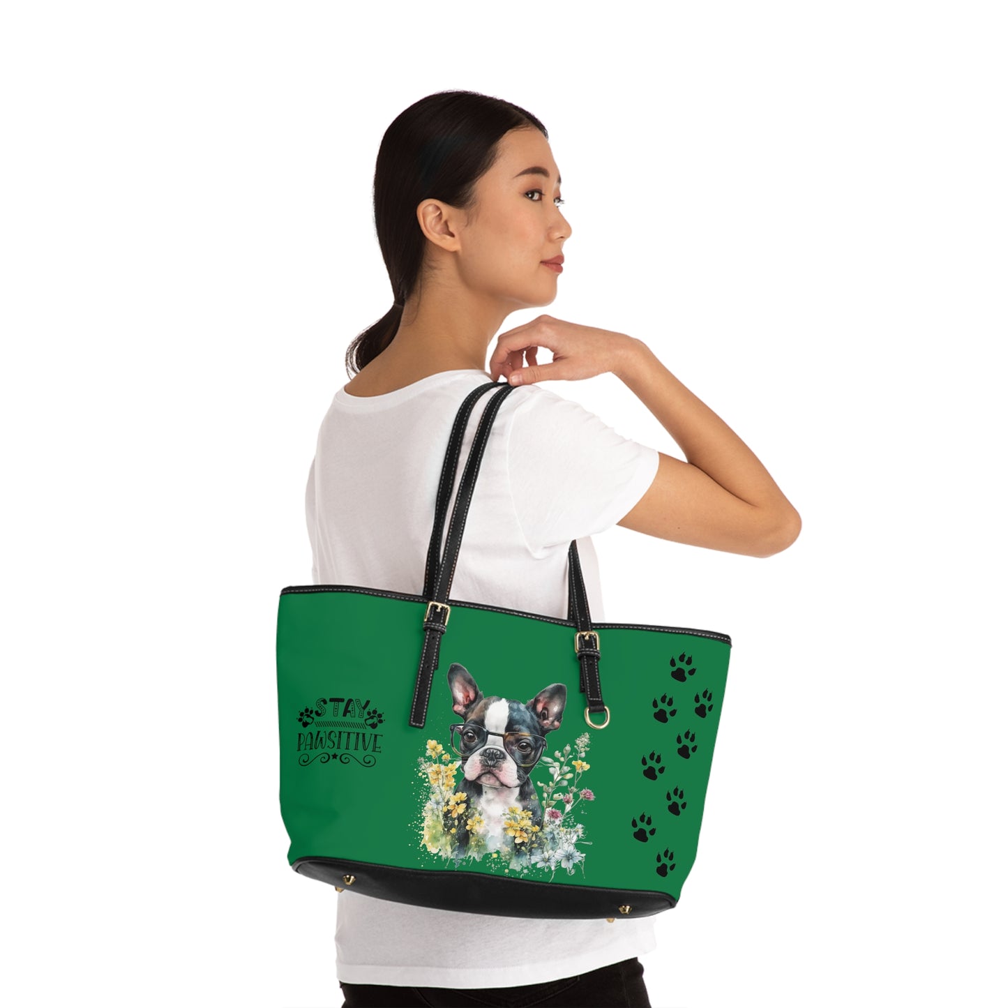 Boston Terrier Puppy Leather Shoulder Bag Green two Boston Terrier puppies You Had Me at Woof Stay Pawsitive