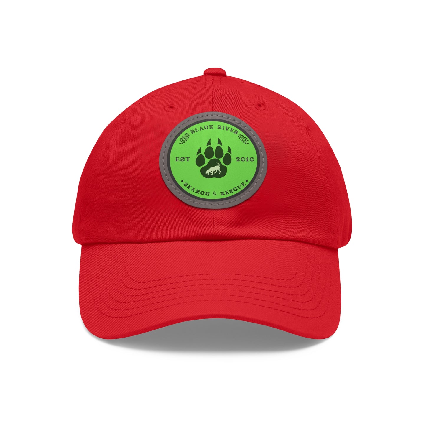 Unisex Hat with Leather Patch (Round), Black River Search & Rescue Logo, Lime Green patch