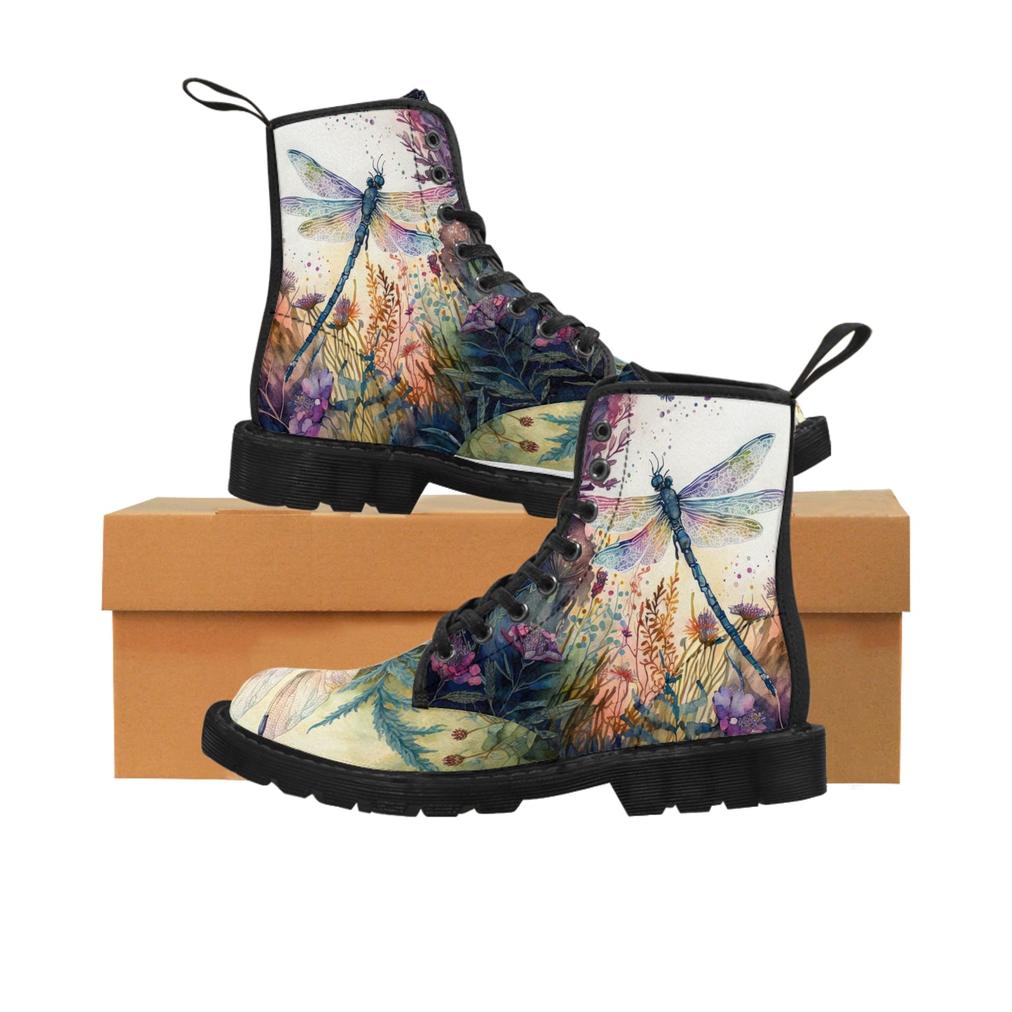 Women's Canvas Boots, Watercolor, Dragonflies, Green, Flowers