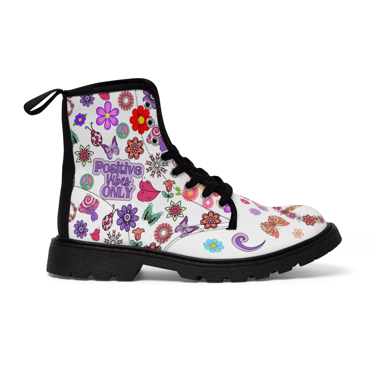 Women's Canvas Boots, Inspire, Stay Positive, 60's, Peace Signs, Flowers, Multi-Color