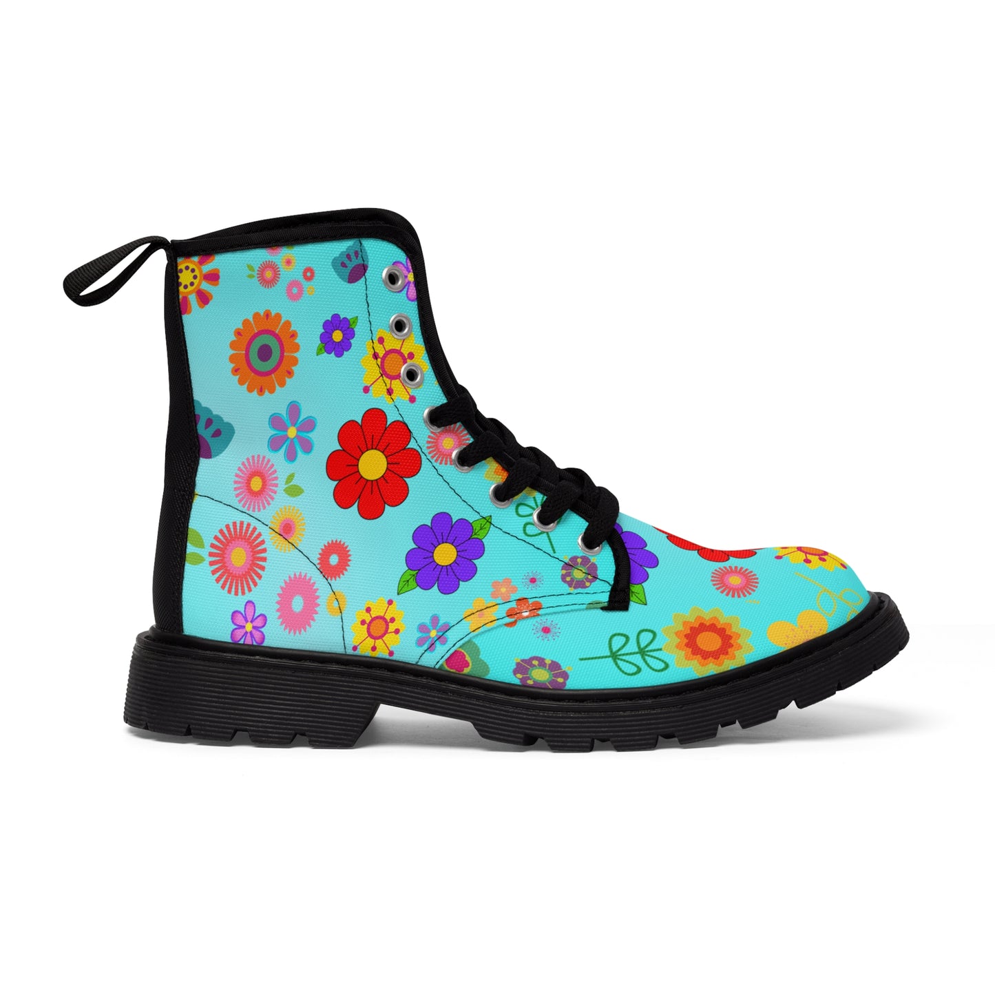 Women's Canvas Boots, Retro, Multi-color, Aqua, Flowers, Multi-Color, Blue