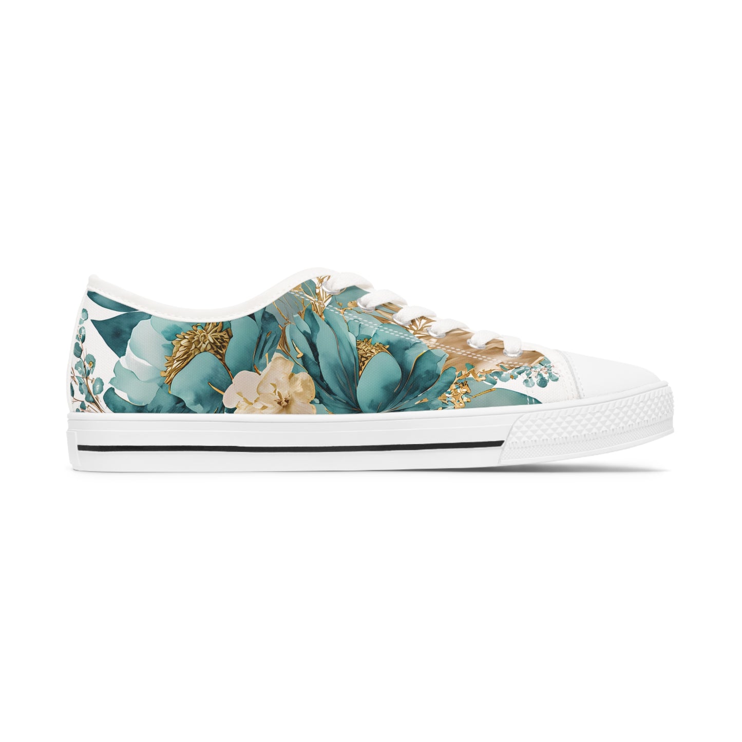 Women's Low Top Sneakers, Turquoise, Gold, Multi-color flowers