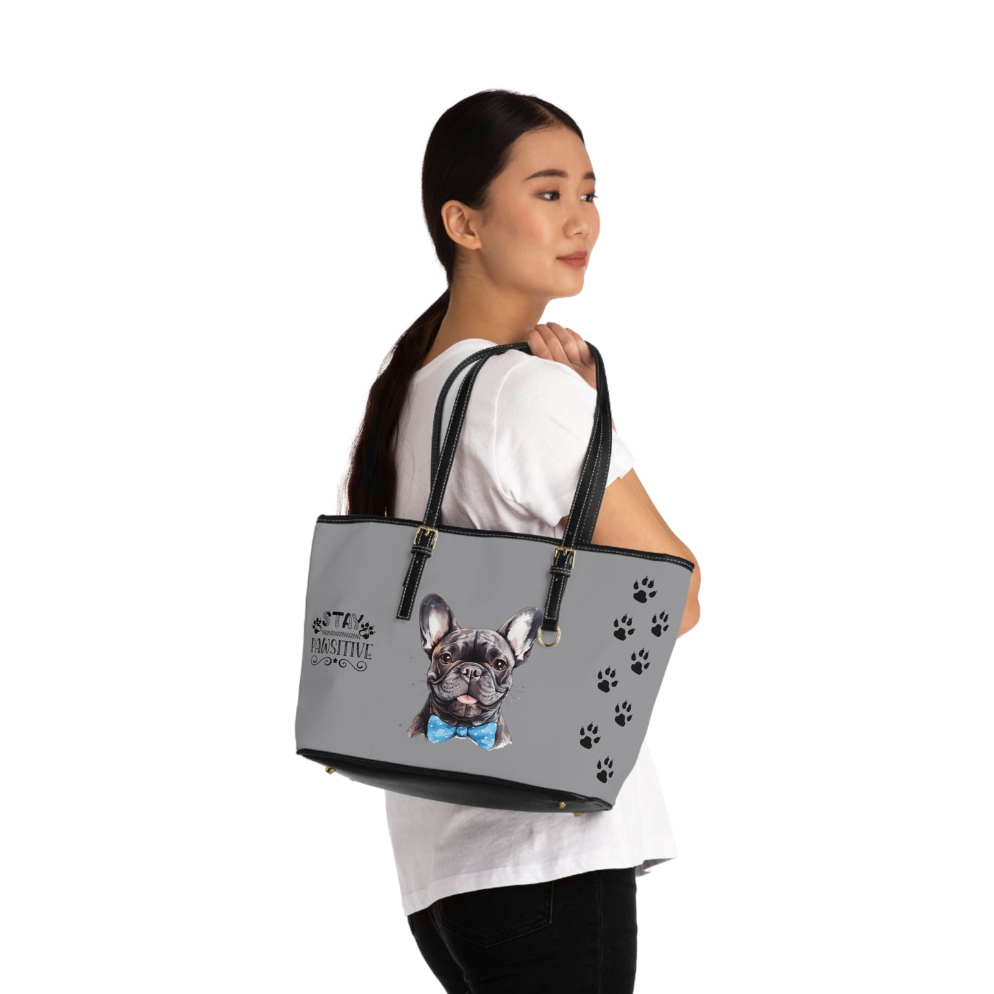 French Bulldog Leather Shoulder Bag Grey two Frenchie pictures You Had Me at Woof Stay Pawsitive