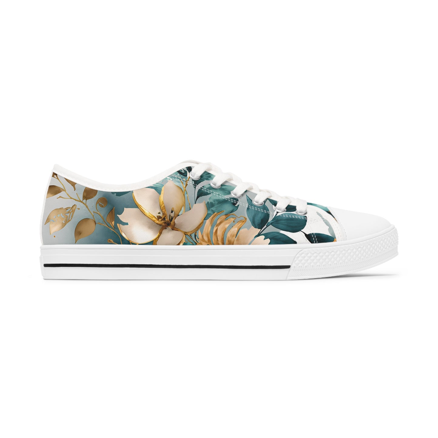 Women's Low Top Sneakers, Turquoise, Gold, Multi-color flowers