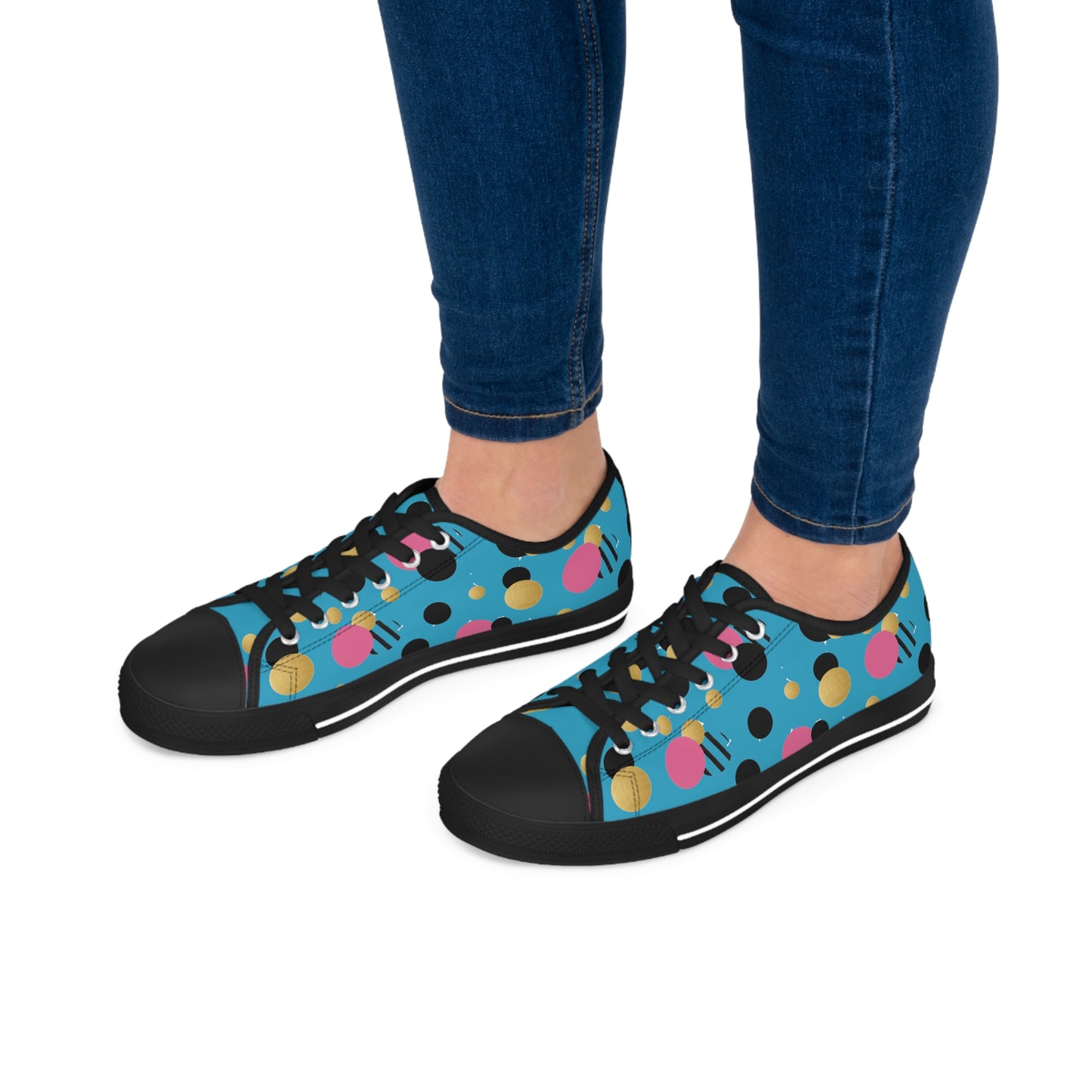 Turquoise pink black and gold polka dot Print Women's Low Top Sneakers