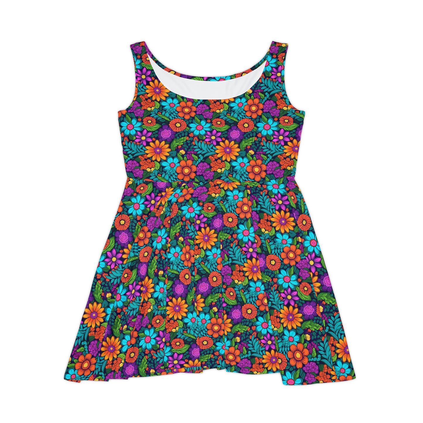 Women's Skater Dress (AOP), Multi-color, Retro, Flowers, Purple, Aqua