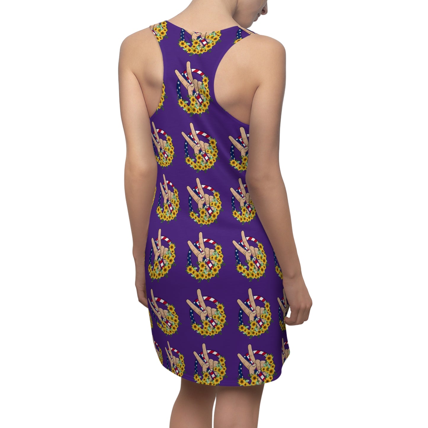 Purple 4th of July Large Peace Sign Sunflower Women's Cut & Sew Racerback Dress Patriotic Retro