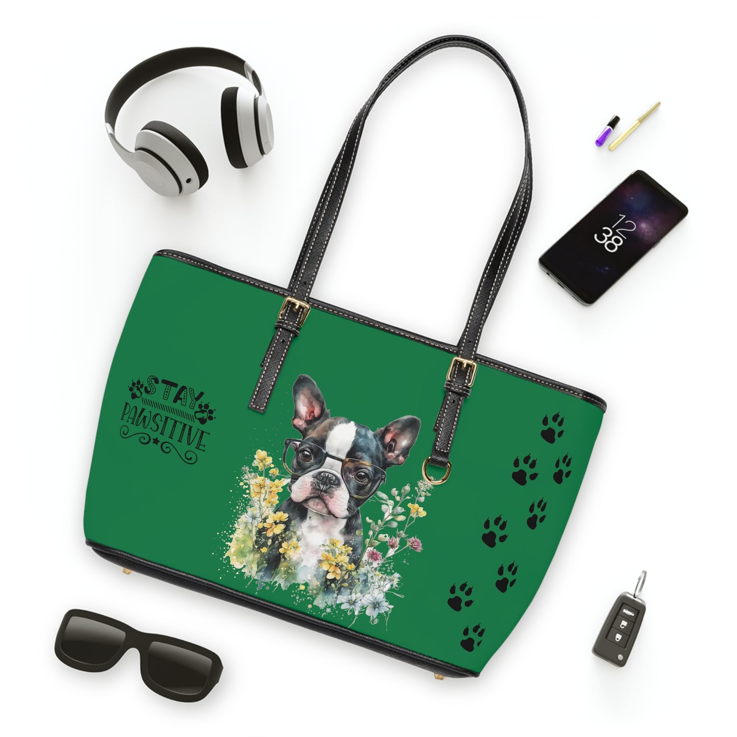 Boston Terrier Puppy Leather Shoulder Bag Green two Boston Terrier puppies You Had Me at Woof Stay Pawsitive