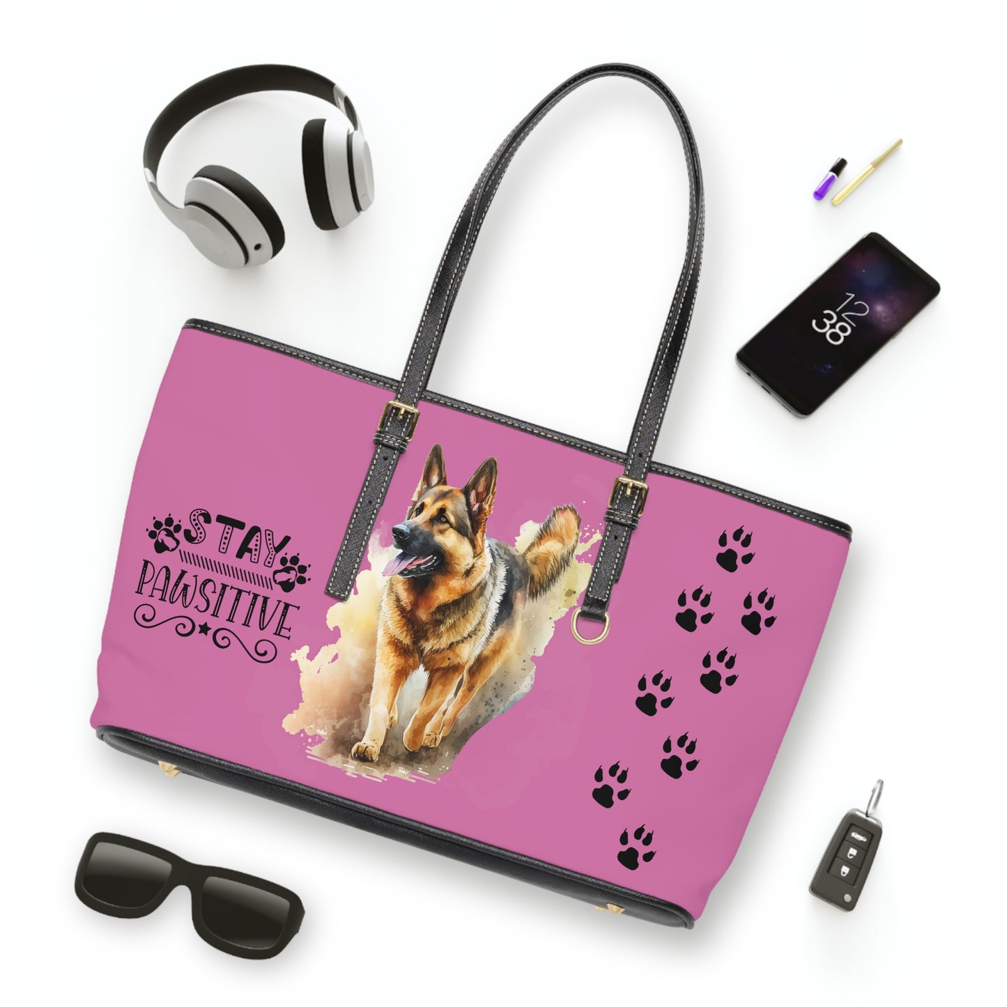 Pink Grey German Shepard Leather Shoulder Bag You had me at Woof Stay Pawsitive