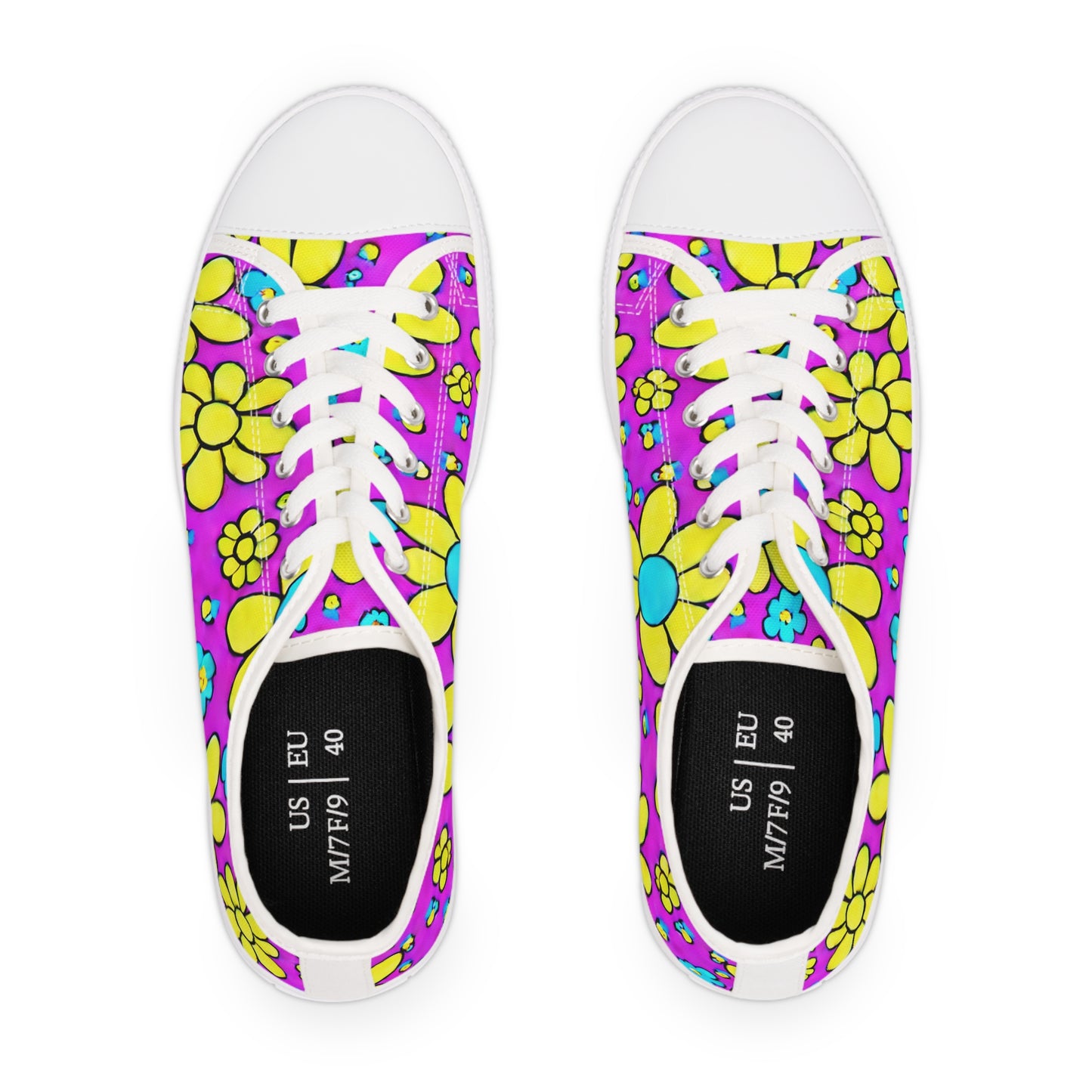 Women's Low Top Sneakers, Retro Flowers, Purple, Yellow, Multi-color flowers