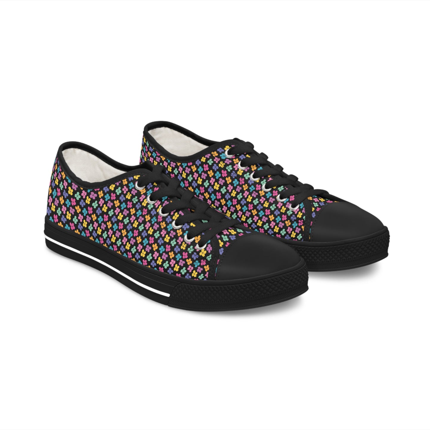 Multicolor Flower Black Women's Low Top Sneakers