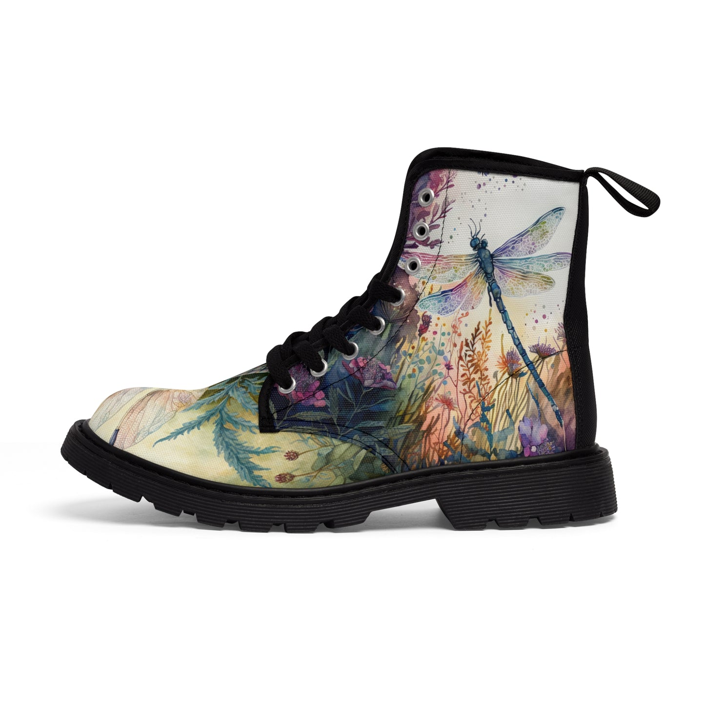 Women's Canvas Boots, Watercolor, Dragonflies, Green, Flowers