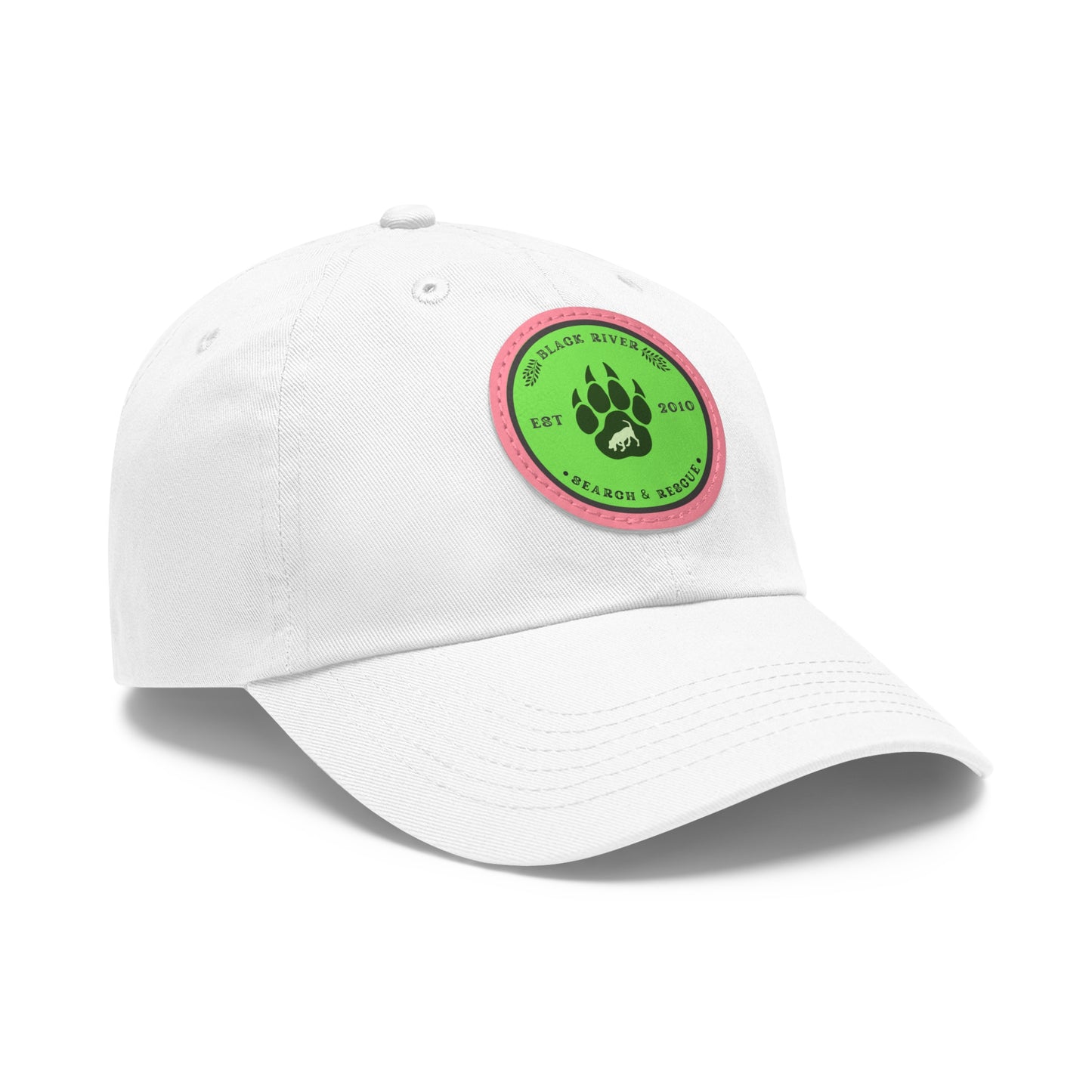 Unisex Hat with Leather Patch (Round), Black River Search & Rescue Logo, Lime Green patch