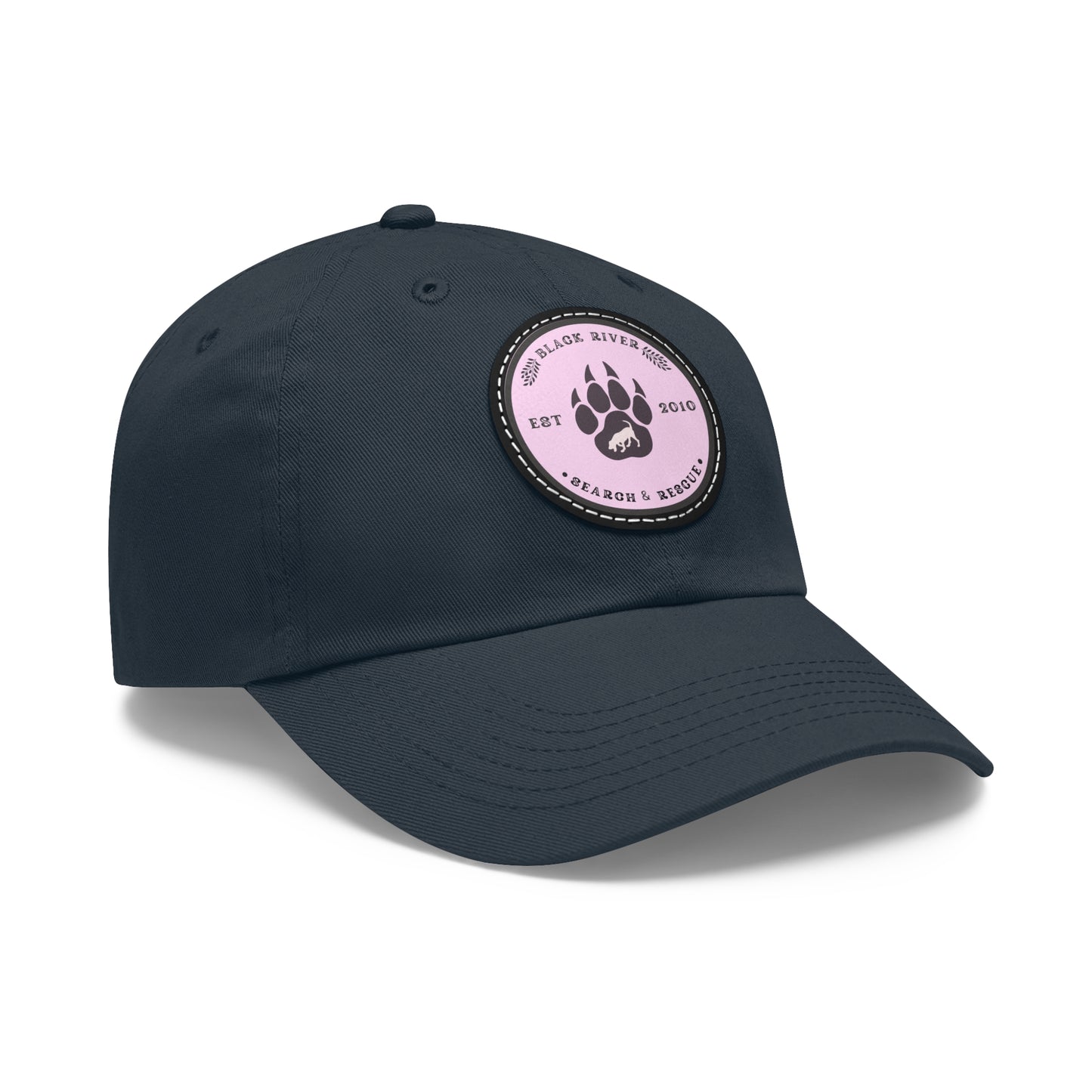 Copy of Unisex Hat with Leather Patch (Round), Black River Search & Rescue Logo, Pink patch