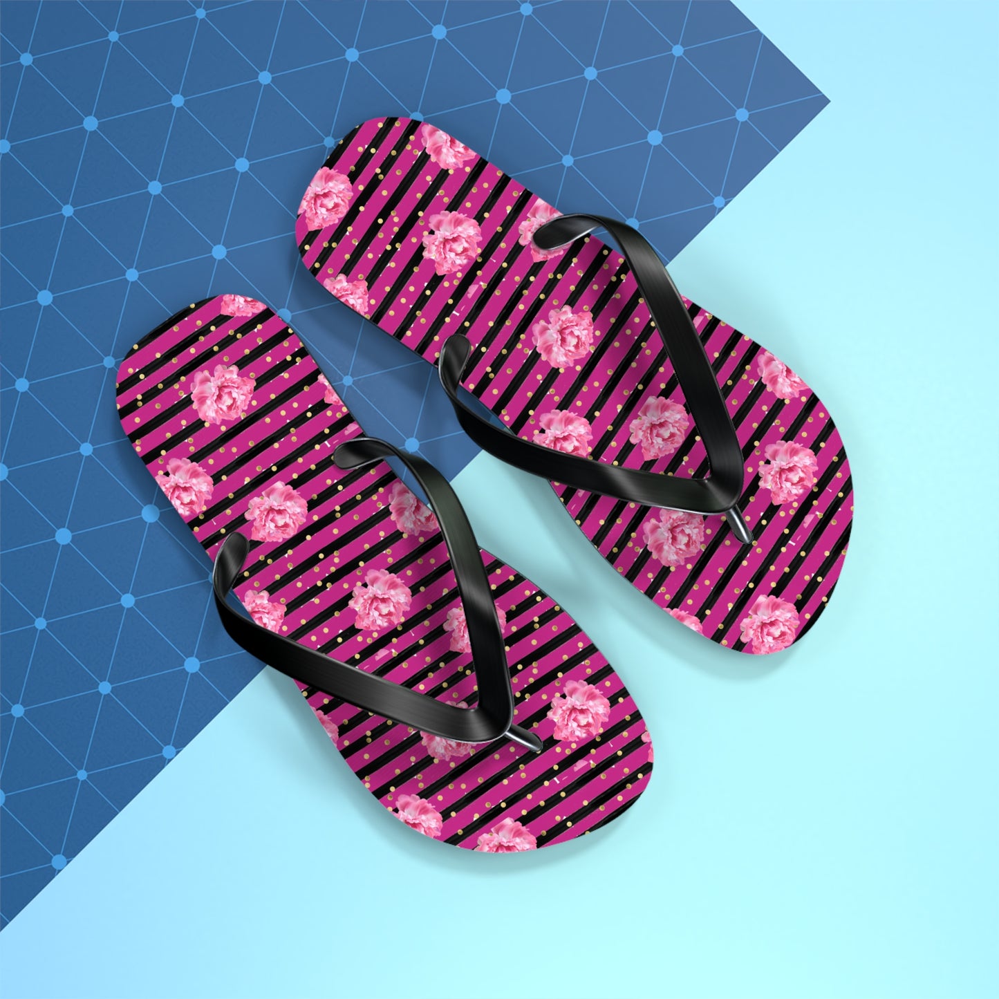 Bright Pink rose and black striped Flip Flops